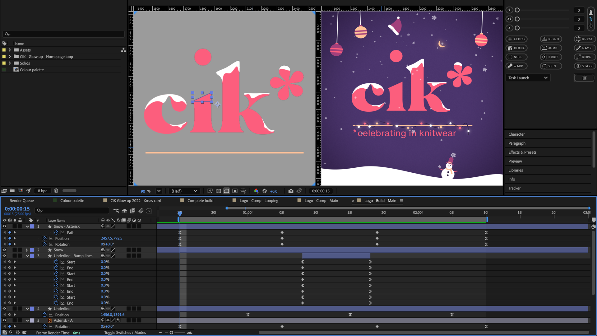 Adobe After Effect UI showcasing animated branding for "cik", featuring festive elements and design layers.