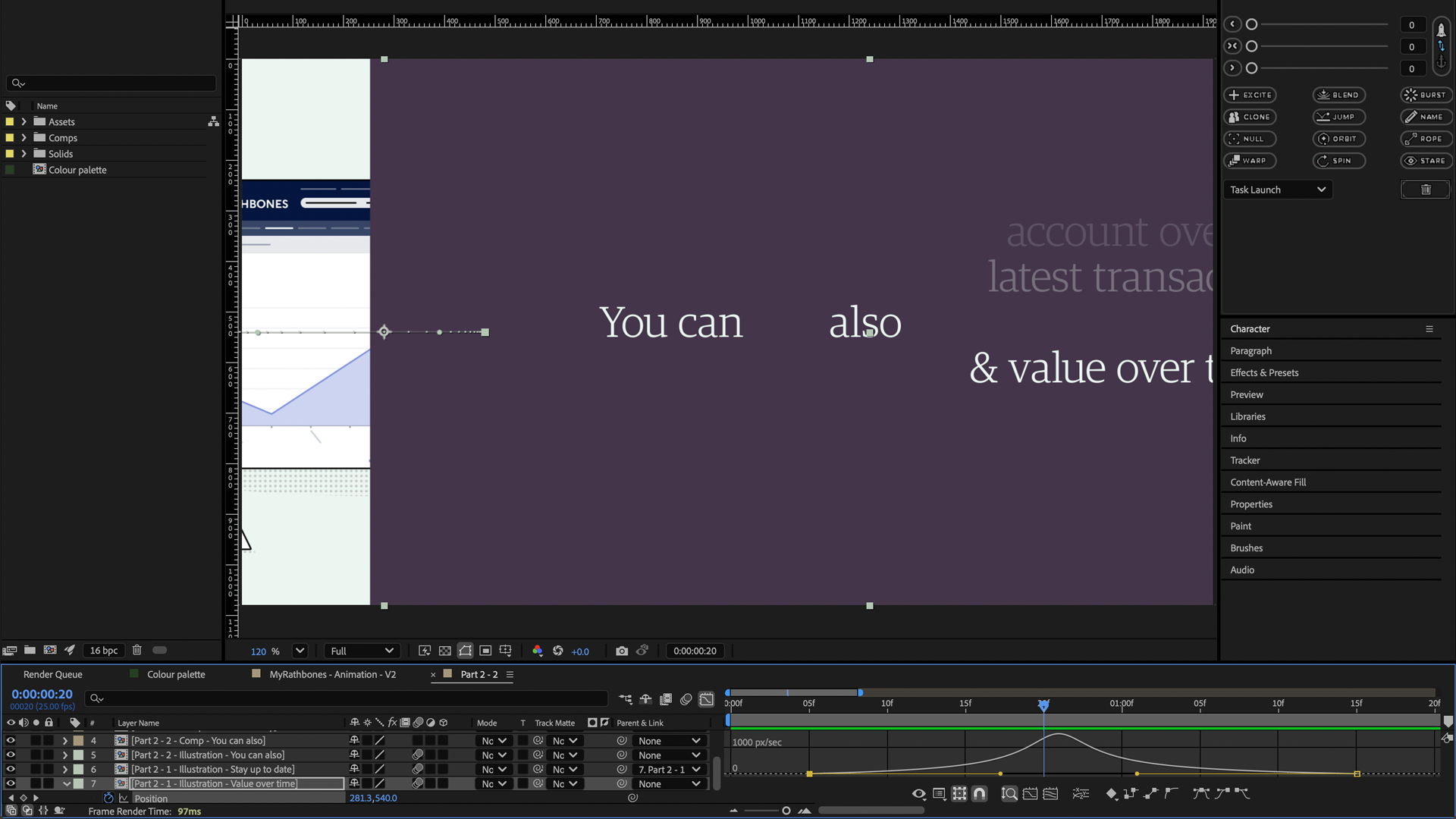 Adobe After Effects workspace, displaying text mid-transition, alongside a line graph.