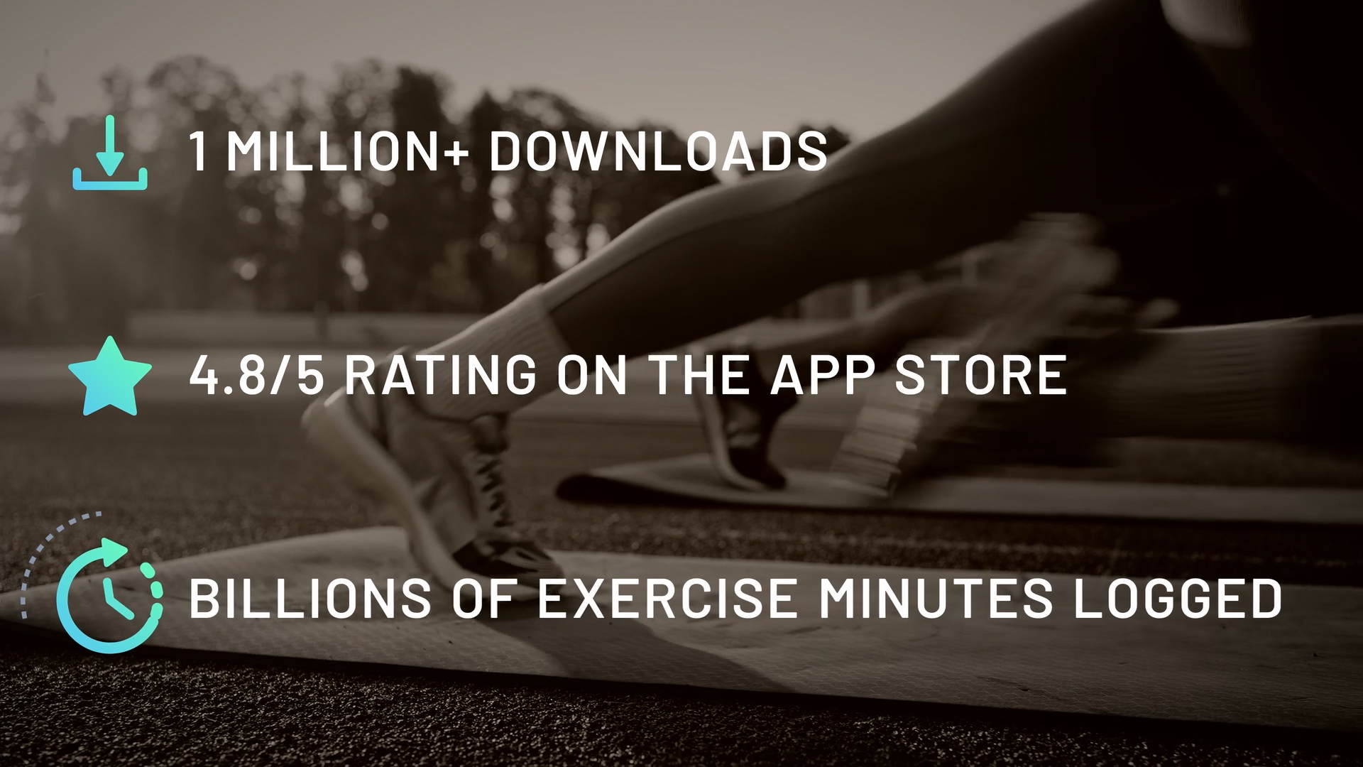 Stats showcasing a fitness app's success. Over 1 million downloads, 4.8/5 app store rating, and billions of exercise minutes logged.