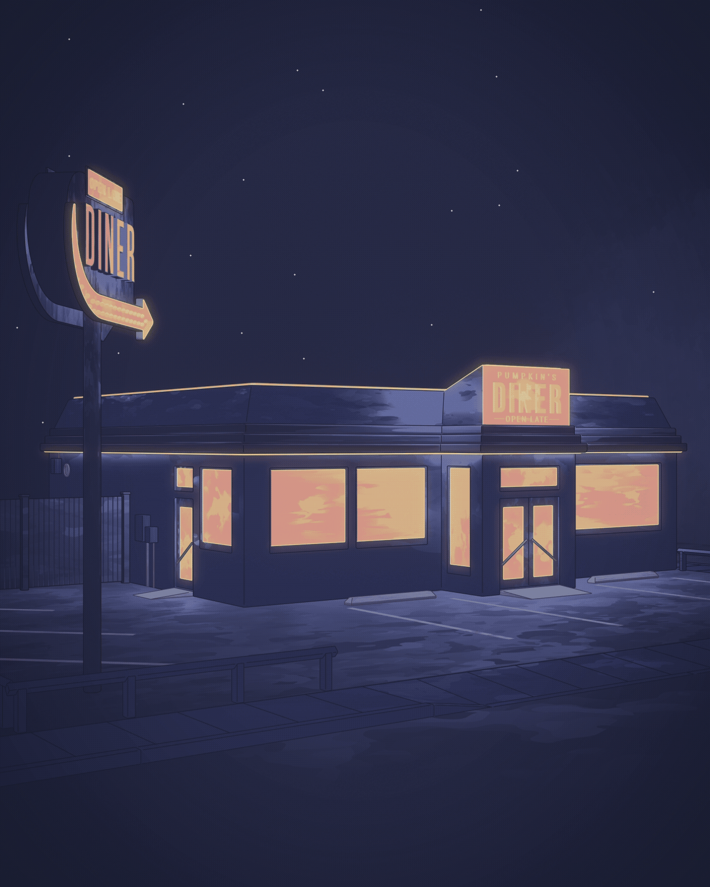 Blender illustration process of a diner at night, creating cinematic mood by using various shades of blue and yellow.