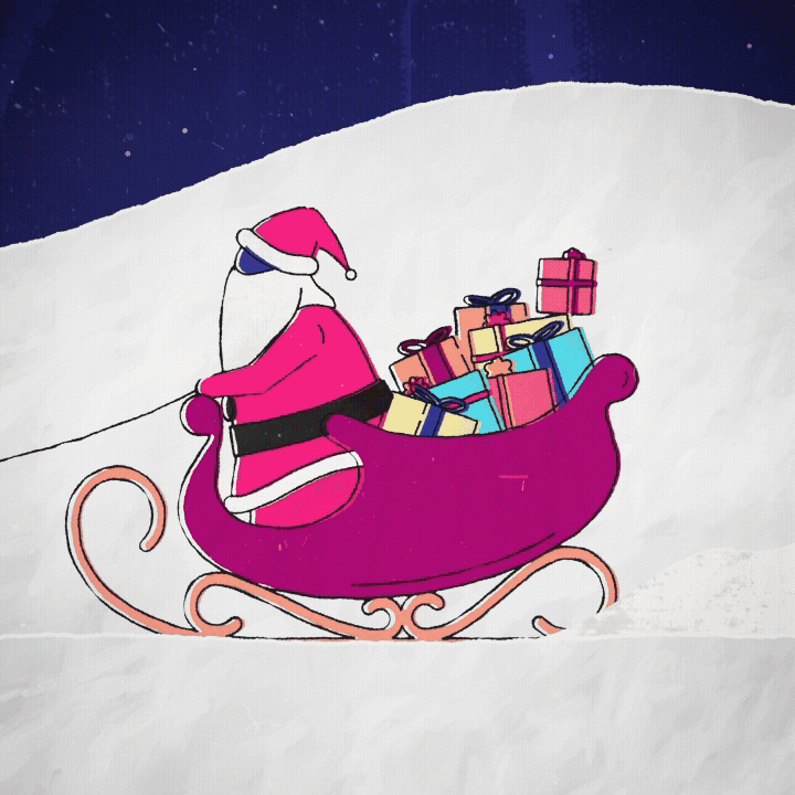A gif of Santa Claus speeding along in his sleigh, as Xmas presents bounce around behind him.