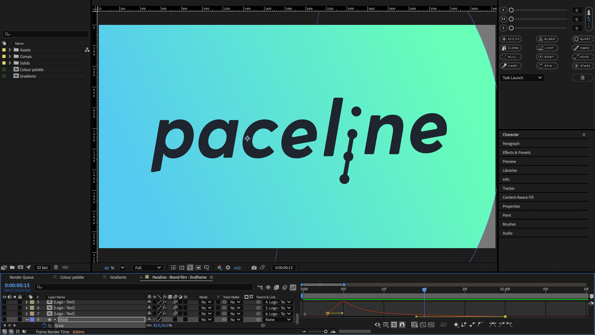 A vibrant gradient background displays the logo "paceline" in bold typography, surrounded by Adobe After Effects UI elements.