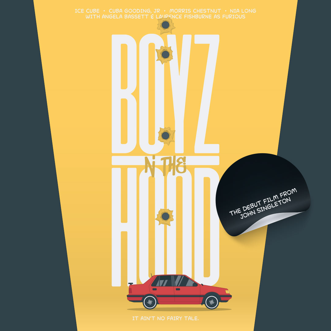 Alternative Movie Poster illustration design for "Boyz n the Hood," featuring a red car, bullet holes, and stylised text, celebrating John Singleton's debut film.