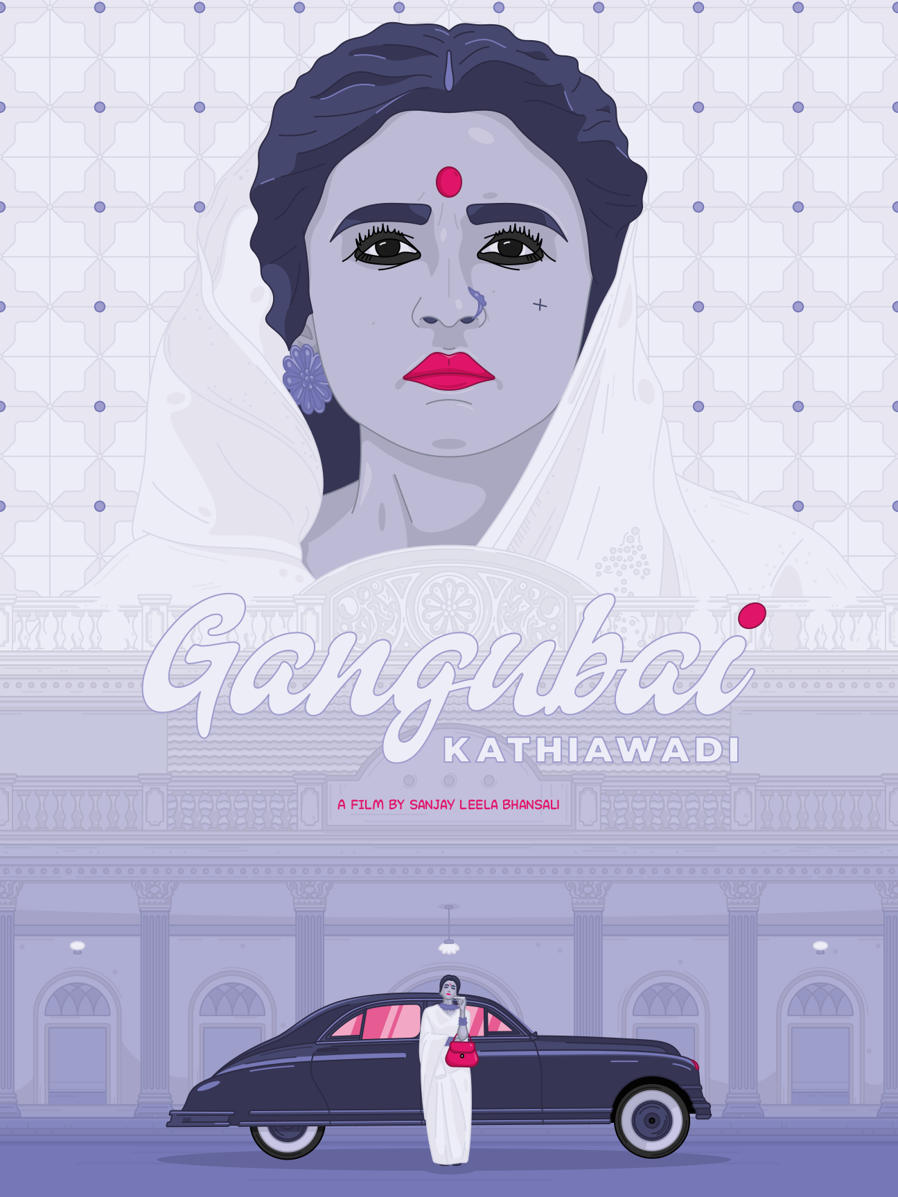 Alternative Movie Poster for "Gangubai Kathiawadi”. A woman in traditional attire stands by a classic car, against a backdrop of ornate architecture and soft purple hues.