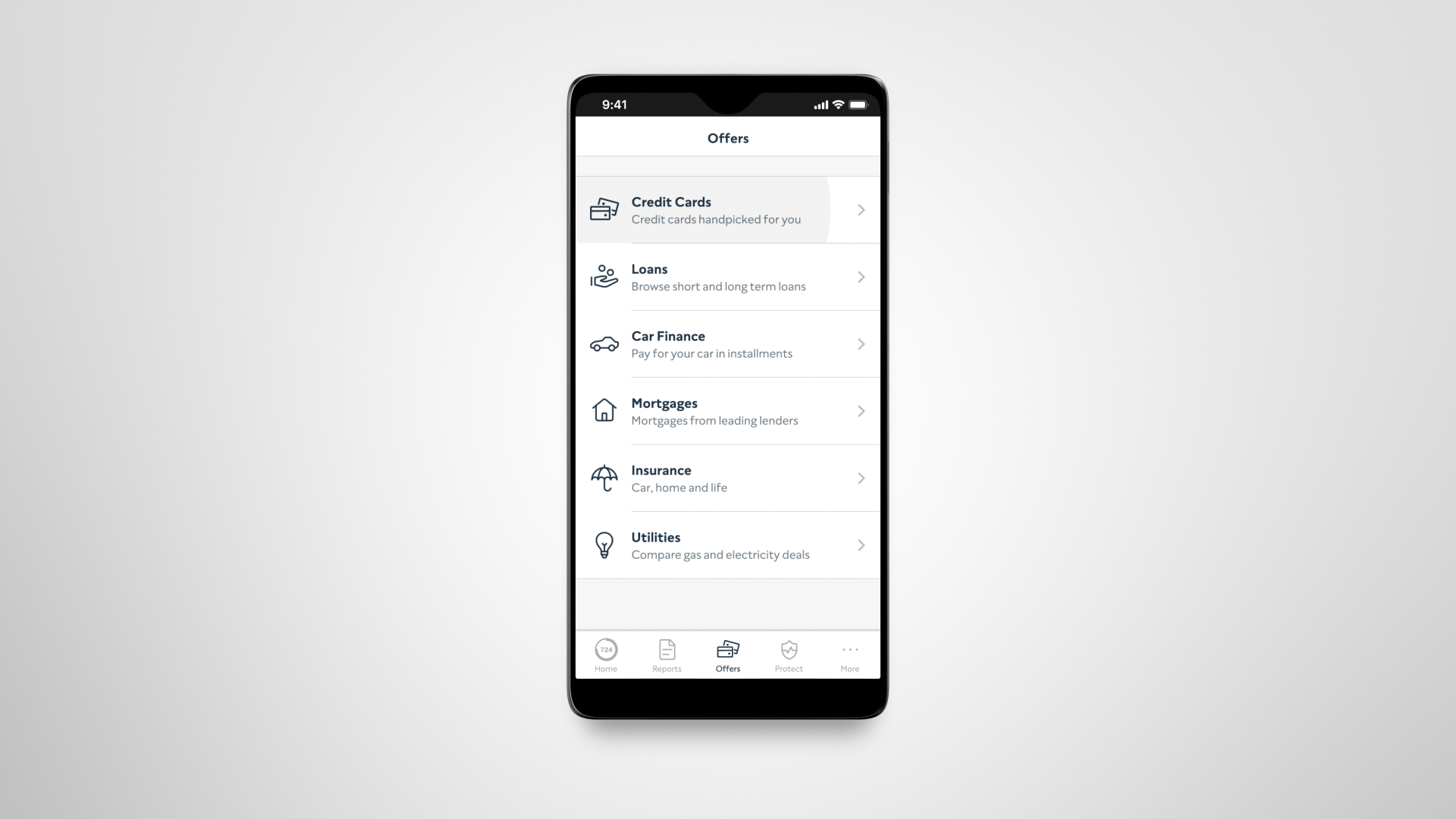 A smartphone displaying a list of financial offers: Credit Cards, Loans, Car Finance, Mortgages, Insurance, and Utilities.