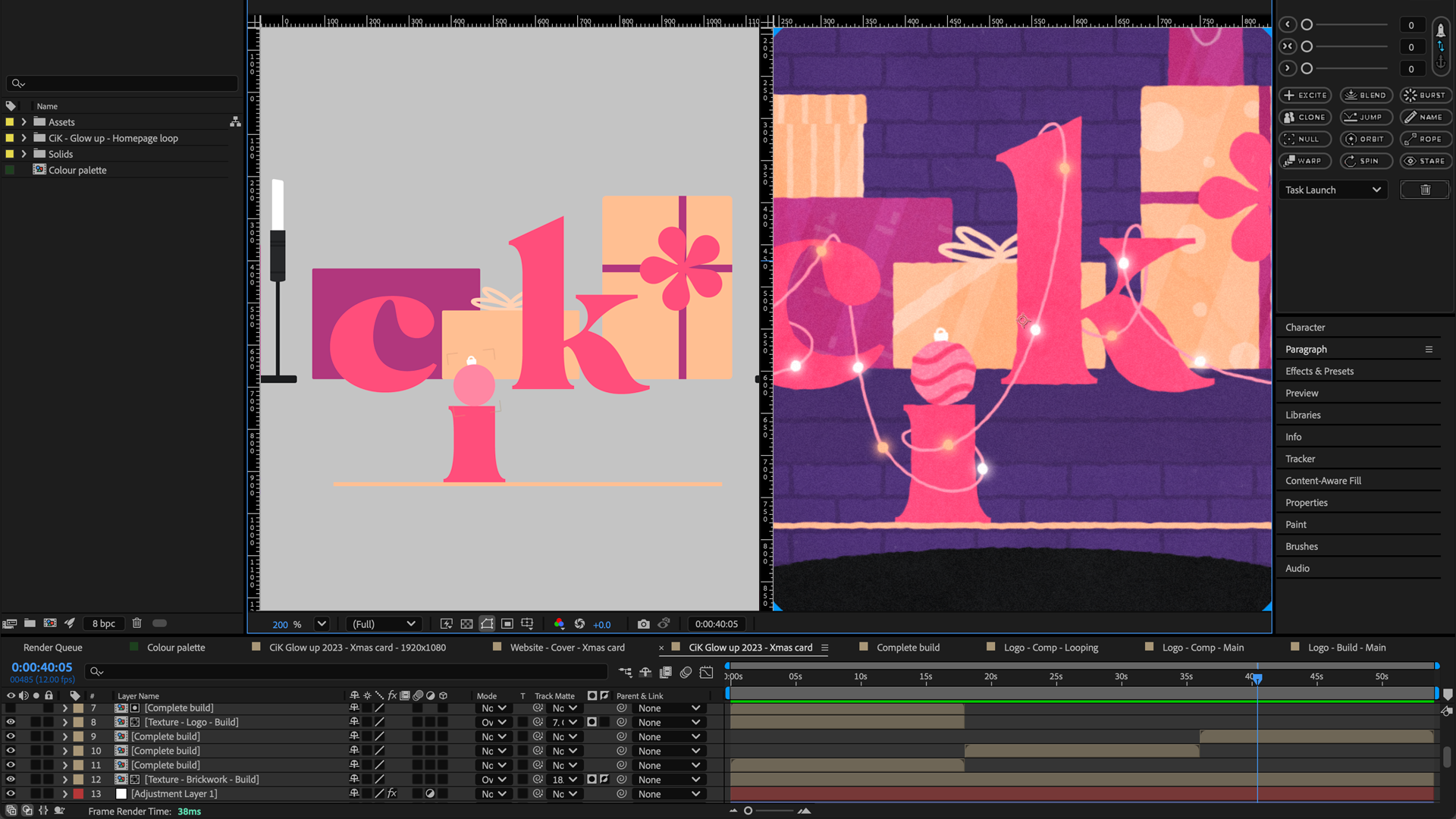Adobe After Effects workspace displaying colourful holiday-themed graphics, with layered text and festive decorations in vibrant colours.