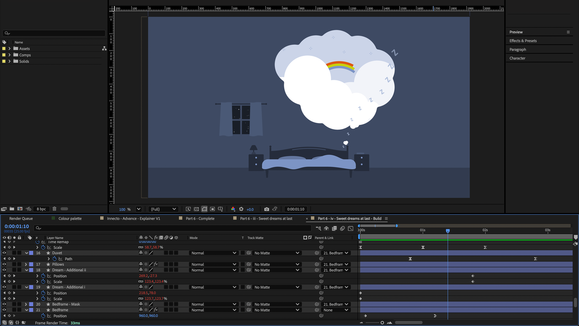 Adobe After Effects workspace, displaying a bedroom scene, with a thought bubble featuring a rainbow and z's - indicating dreams.