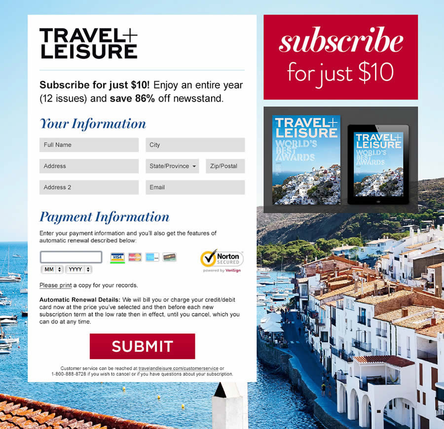 Travel + Leisure Subscription Order Form