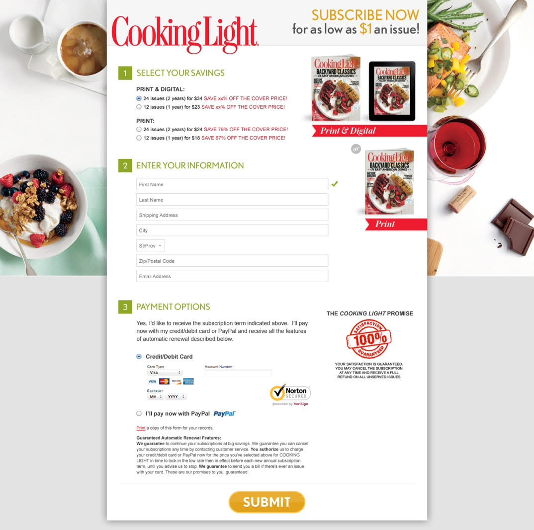 Cooking Light Subscription Order Form