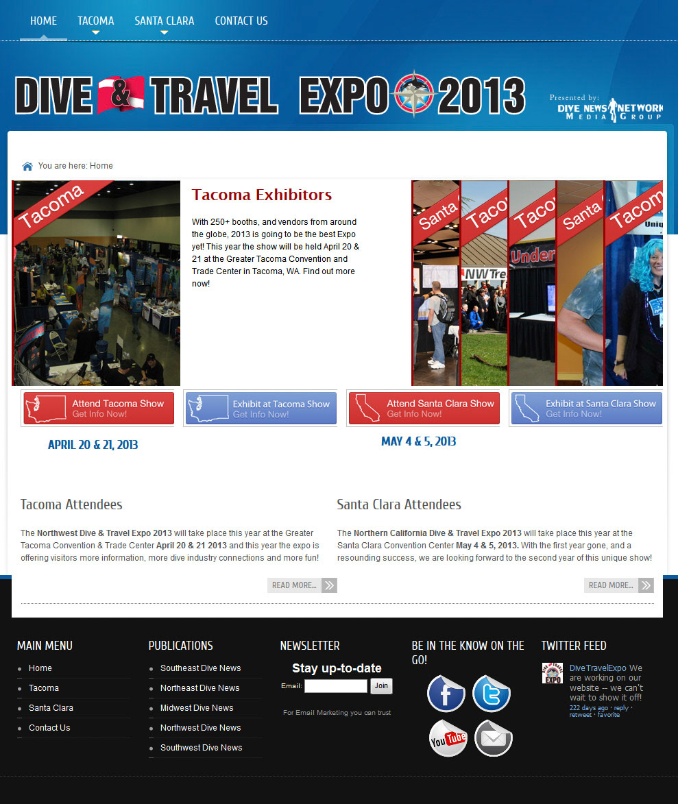 Joomla microsite for Santa Clara Dive and Travel Expo and Tacoma Dive and Travel Expo