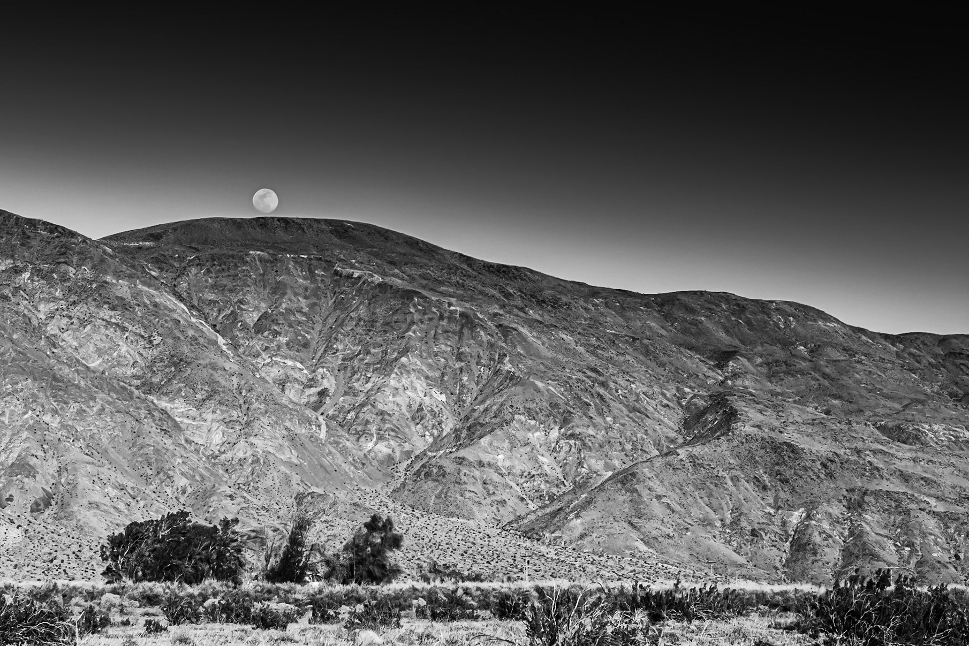 Evening Moonrise: Viewed across the creosote-bush studded, alluvial plain near the entrance to Coyote Canyon in the Anza-Borrego Desert.  A house nestled in a copse of willows sites at the far side of the plain at the foot of the mountain.