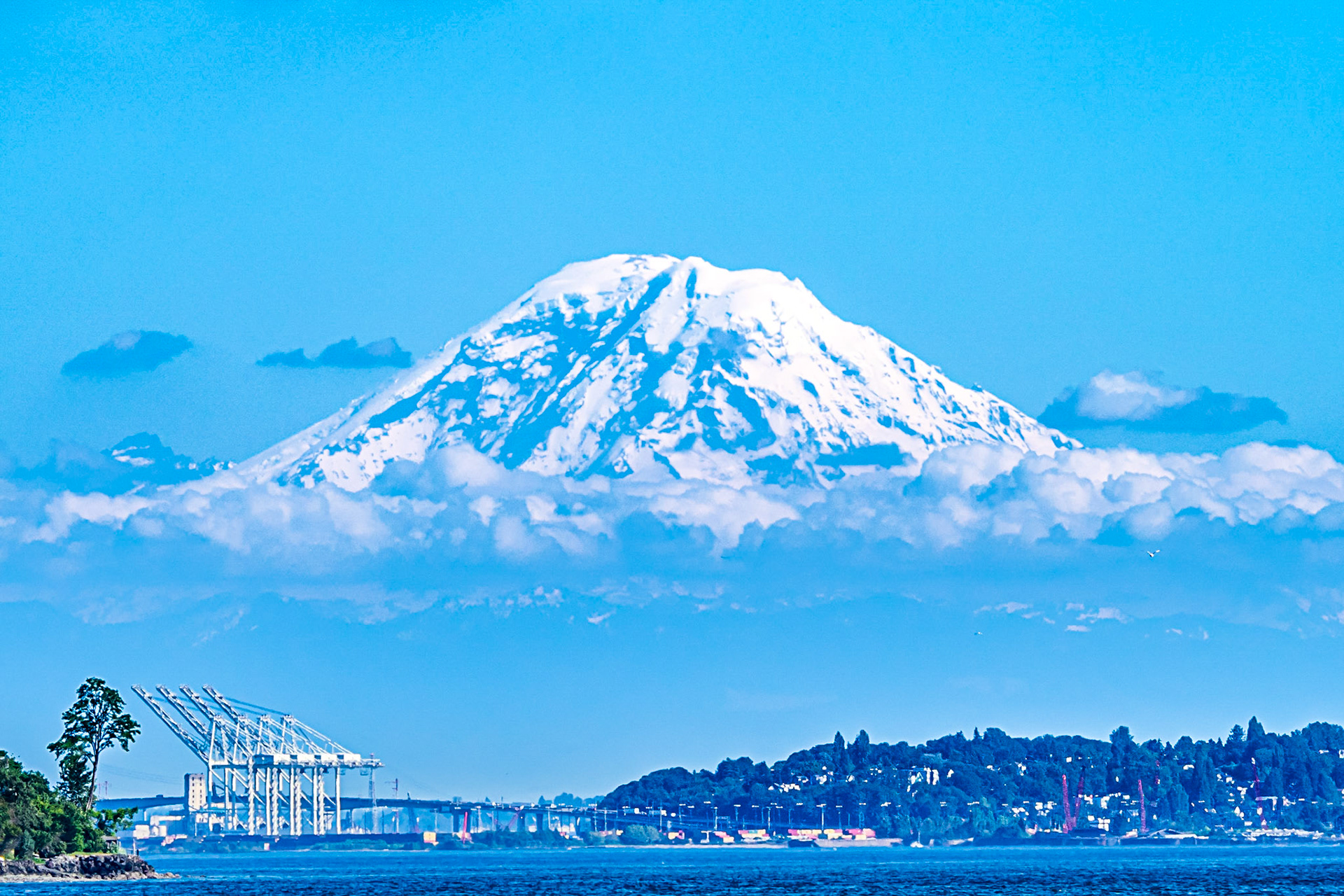 Island in the Sky: Rising above surrounding clouds Mt. Rainier seems to float like an island in the sky over the Seattle waterfront.