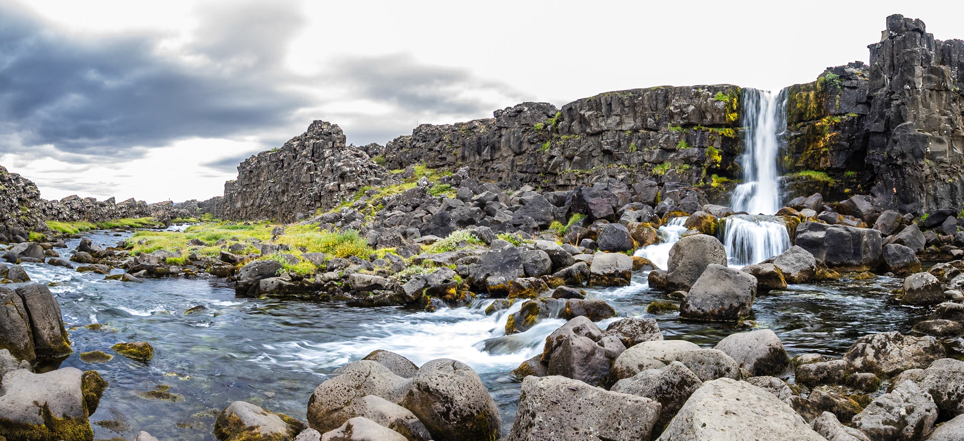 Oxara River and Waterfall, Pingvellir Iceland: The Oxara River cascades into a fissure that descends to the floor of the rift valley at Pingvellir.
