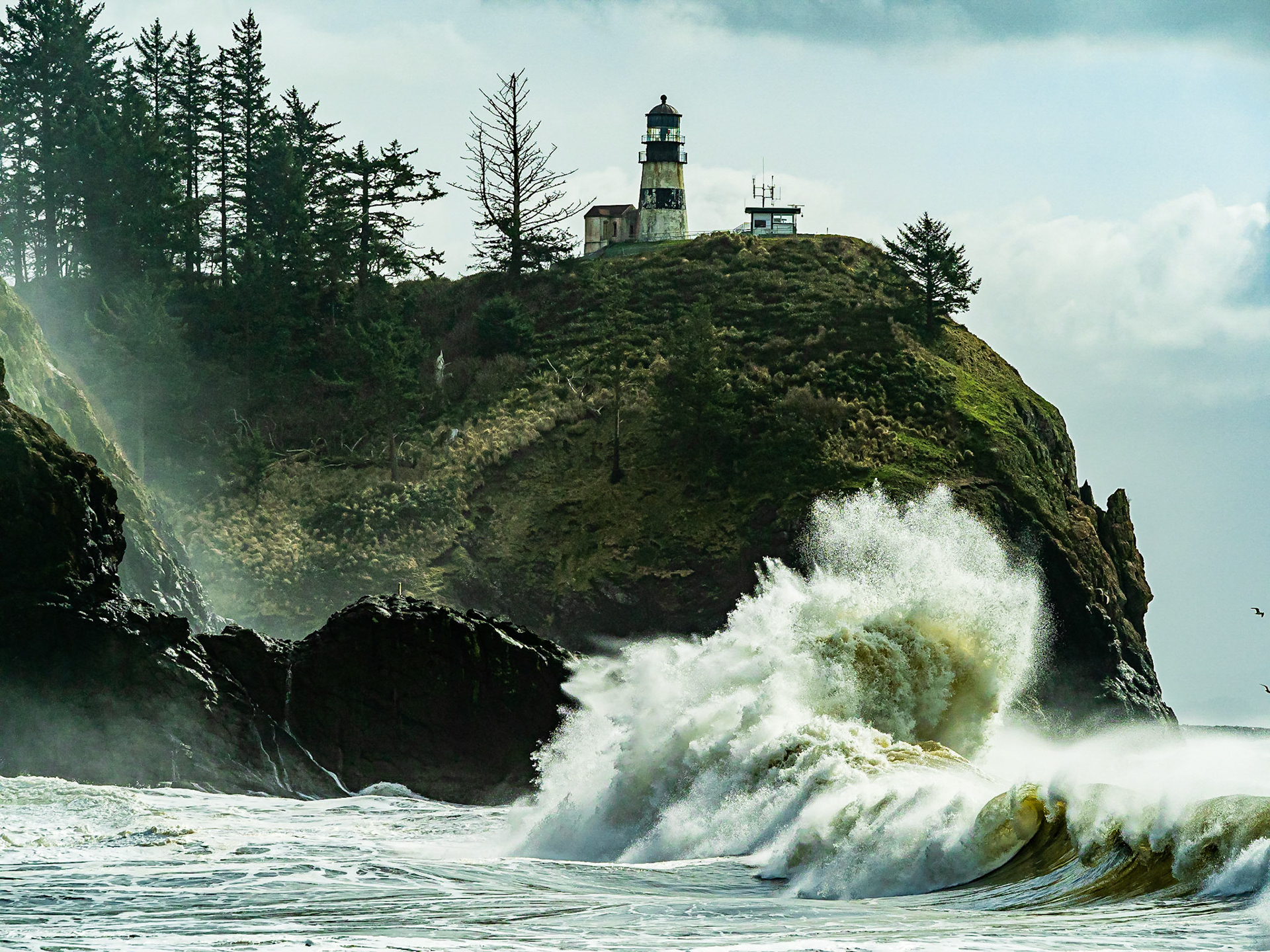 Cape Disappointment Wild Waves: On days with extreme high tides spectacular waves crest under the lighthouse as they break on the cliffs at Wakiki Beach Cove.