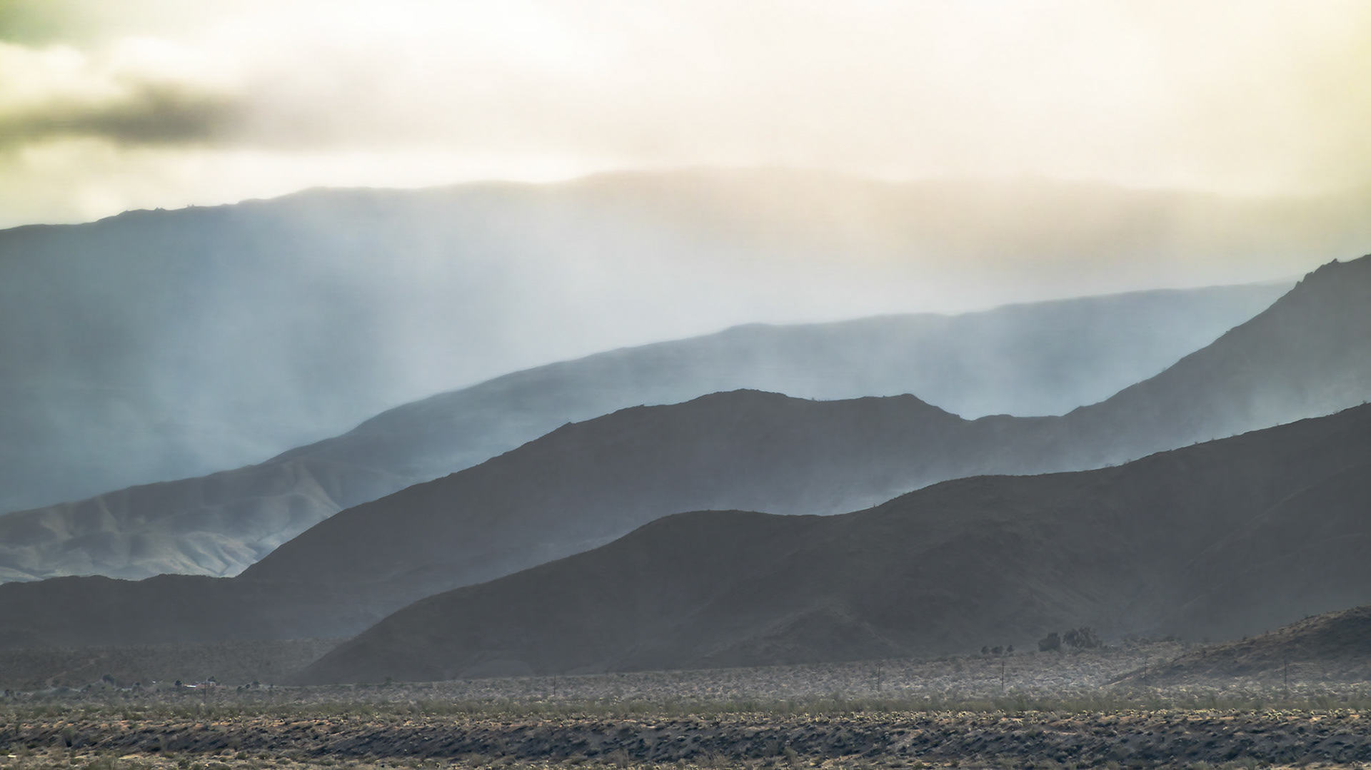 Misty Ridges: Low clouds and mist rising over the ridges and valleys that flank Indian Head mountain in the Anza-Borrego Desert State Park.