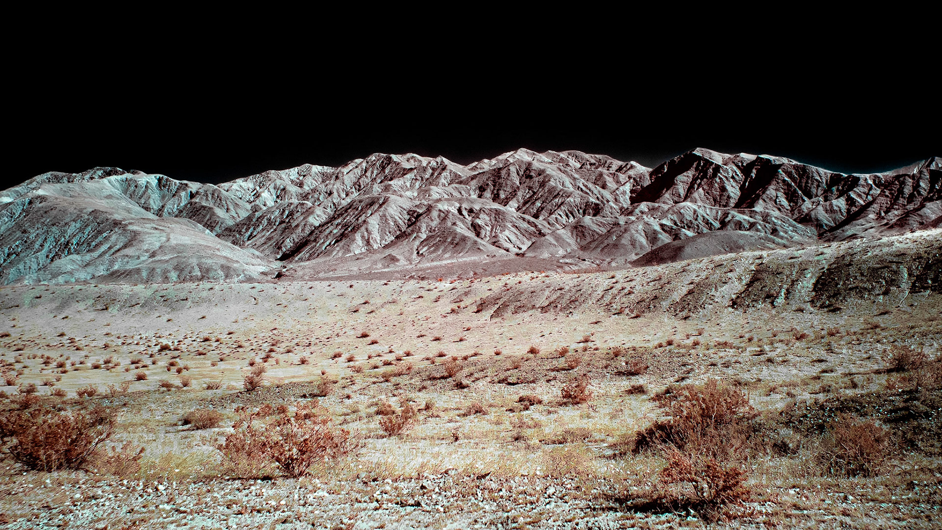Santa Rosa Mountains IRFC: The Santa Rosa mountains viewed from the short wash section of the Thimble Trail in the Anza-Borrego Desert State Park. Infrared (720 nm) false color image.