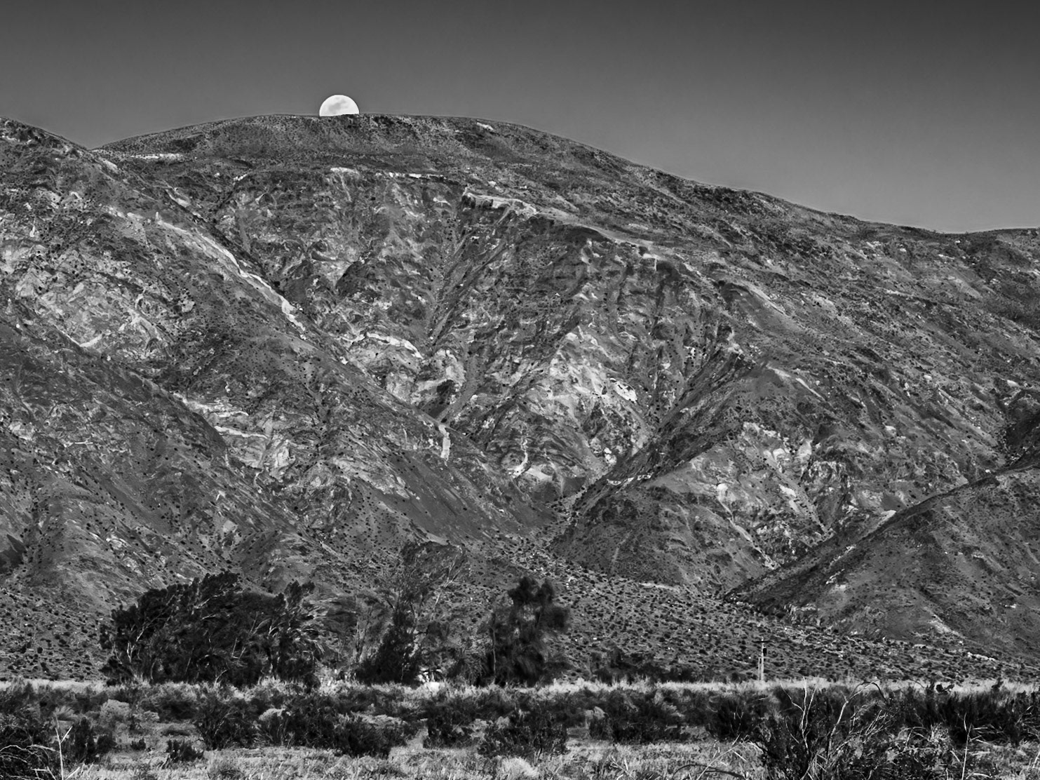 Moonrise over Coyote Mountain : Viewed across the creosote-bush studded, alluvial plain near the entrance to Coyote Canyon in the Anza-Borrego Desert.  A house nestled in a copse of willows sites at the far side of the plain at the foot of the mountain.