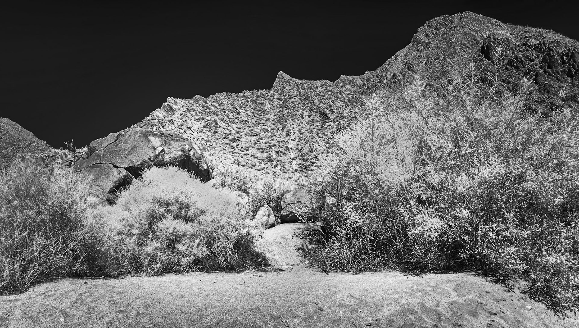 Indian Head Mountain IR: Indian HeadMountain viewed from the Palm Canyon trail in the Anza-Borrego State Park. Infrared (720 nm) image.