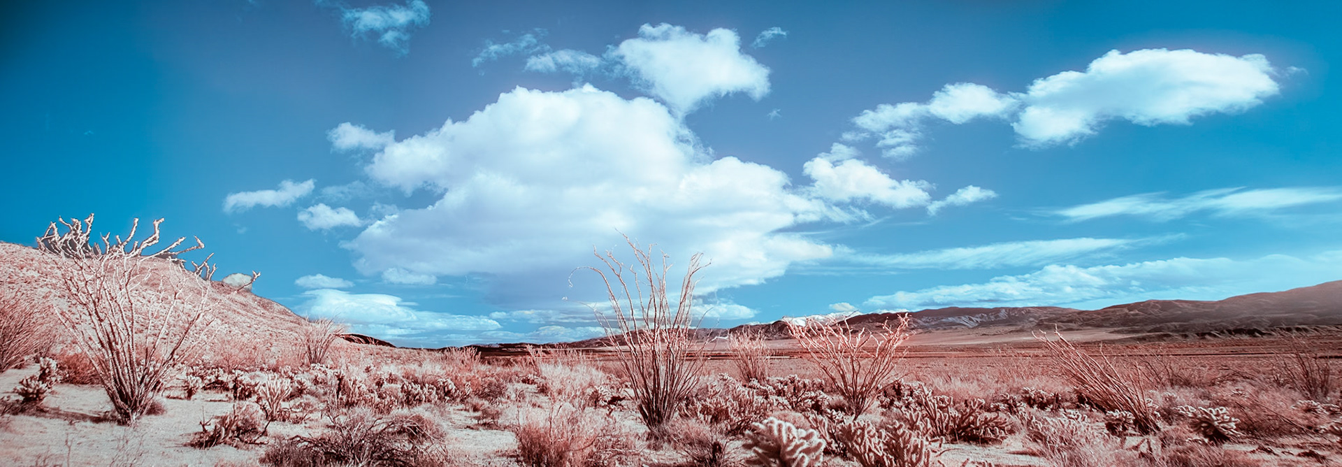 Desert Clouds Panorama- IRFC: Clouds drift over Coyote Canyon in Anza-Borrego Desert State Park.  The panorama is a composite of multiple Infrared (720 nm) false color images.