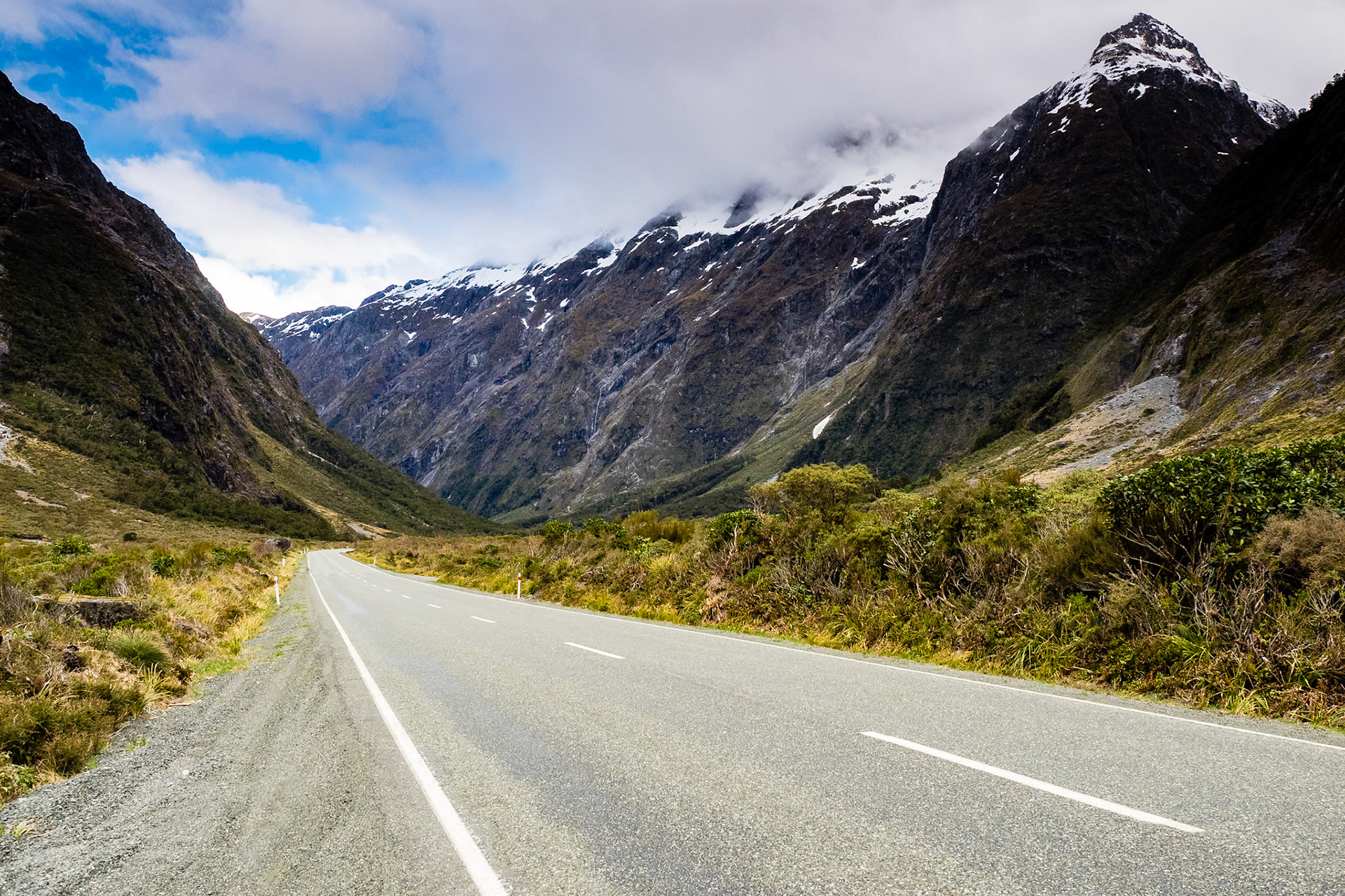Highway to Middle Earth, Hollyford River Valley NZ: The Miilford Sound Highway passes through the Hollyford River Valley guarded by snow dusted peaks of the Southern Alps.