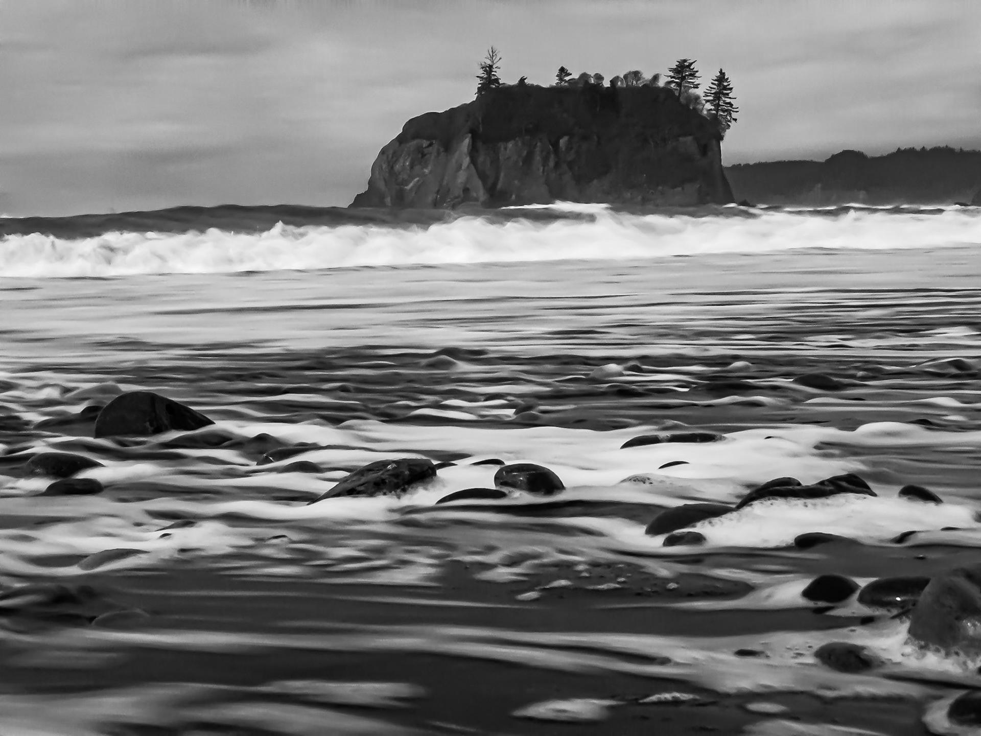 Rocky Shore Beach Swash Black-and-White: At Ruby Beach on the Olympic Peninsula, Washington.