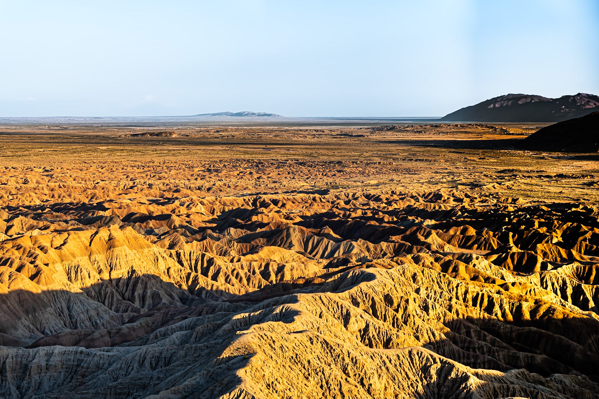 Borrego Badlands Golden Hour: Looking southeast towards the Salton Sea from Font's Point  in the Anza-Borrego Desert near Borrego Springs CA.