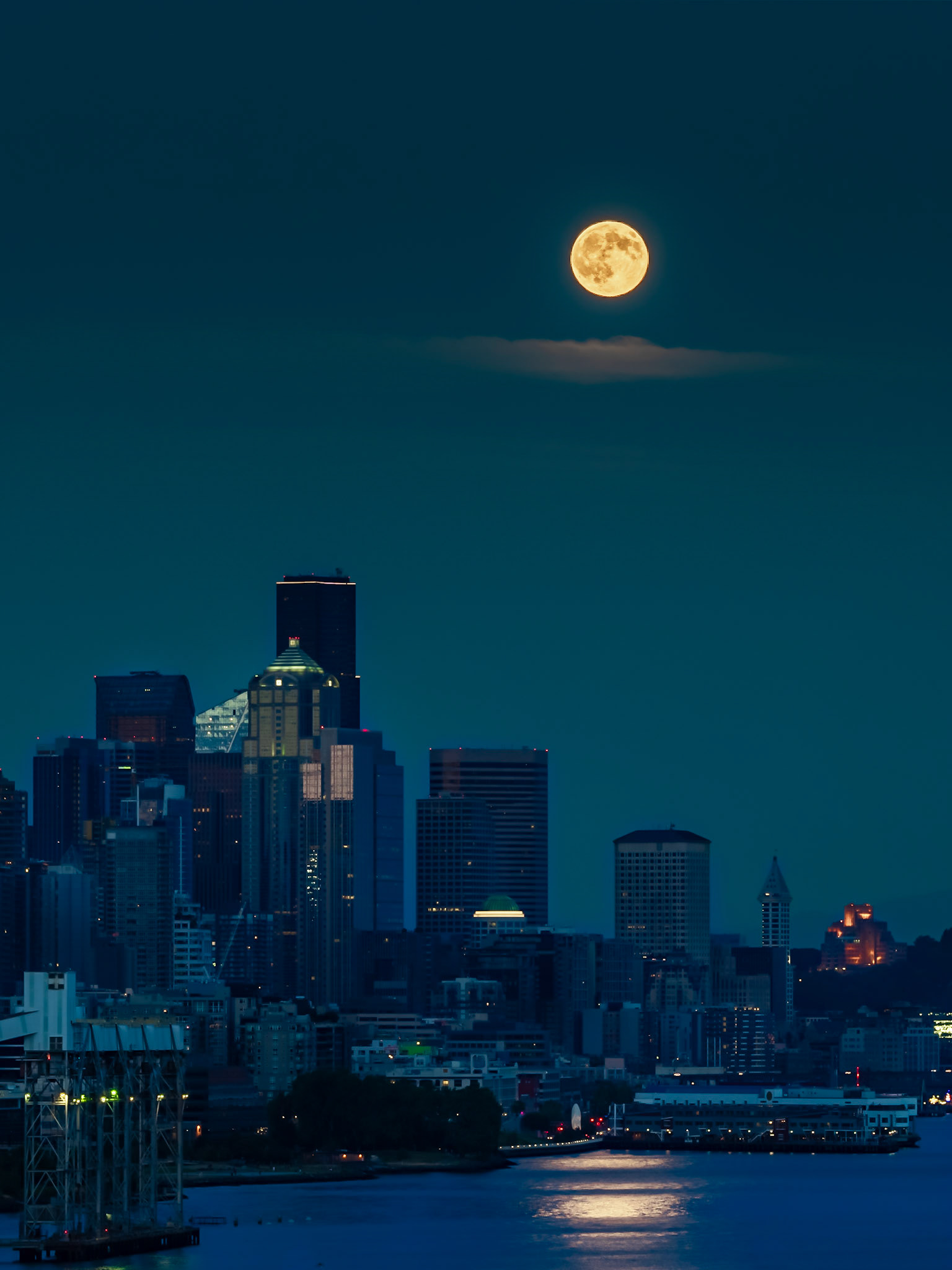 Moon Shine on the Bay: The mid-summer "Thunder Moon" dapples the water in Seattle's Elliot Bay.