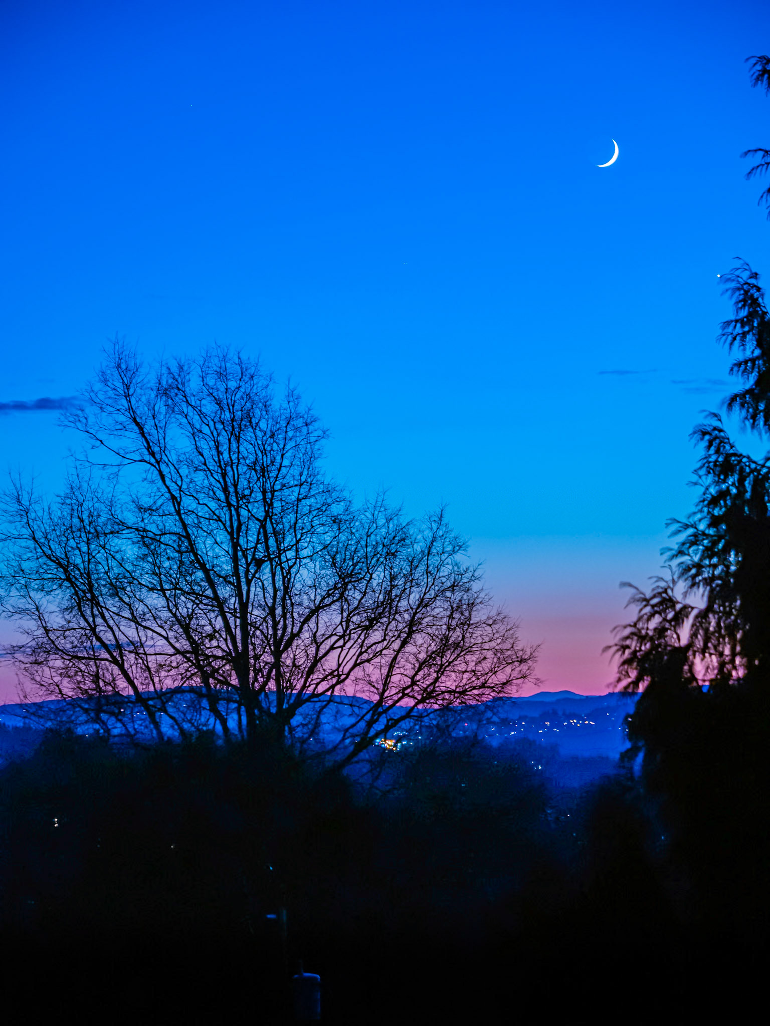 Crescent Moon Over Venus: The crescent moon setting over the Belt of Venus, Portland Oregon