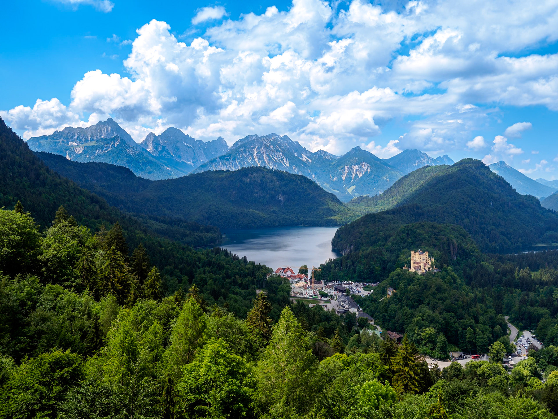 Hohenschwangau and Alpsee Lake: Hohenschwangau Village and Castle viewed from Neuschwanstein Castle