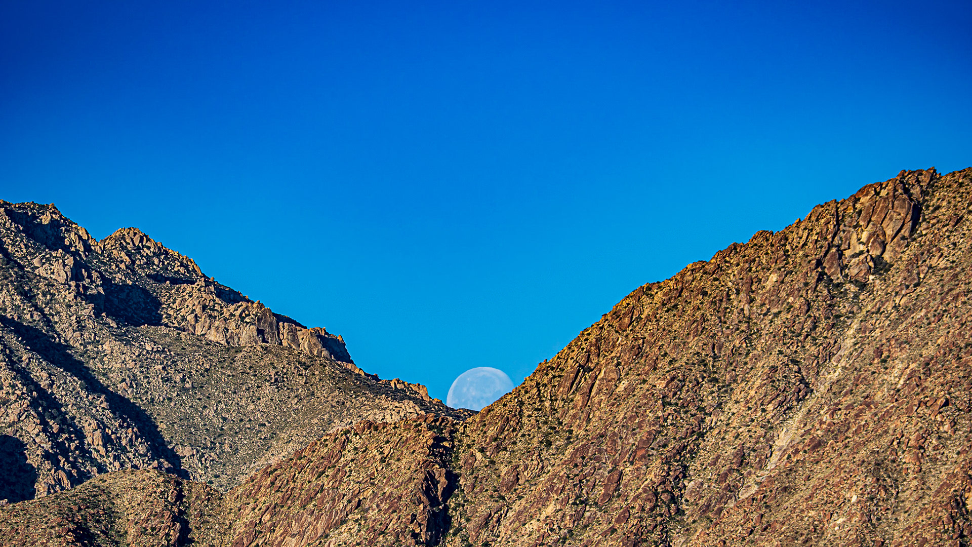 Blue Hour Moonset : A notch of the San Ysidro Mountains near Indianhead peak catches a setting moon in early March.