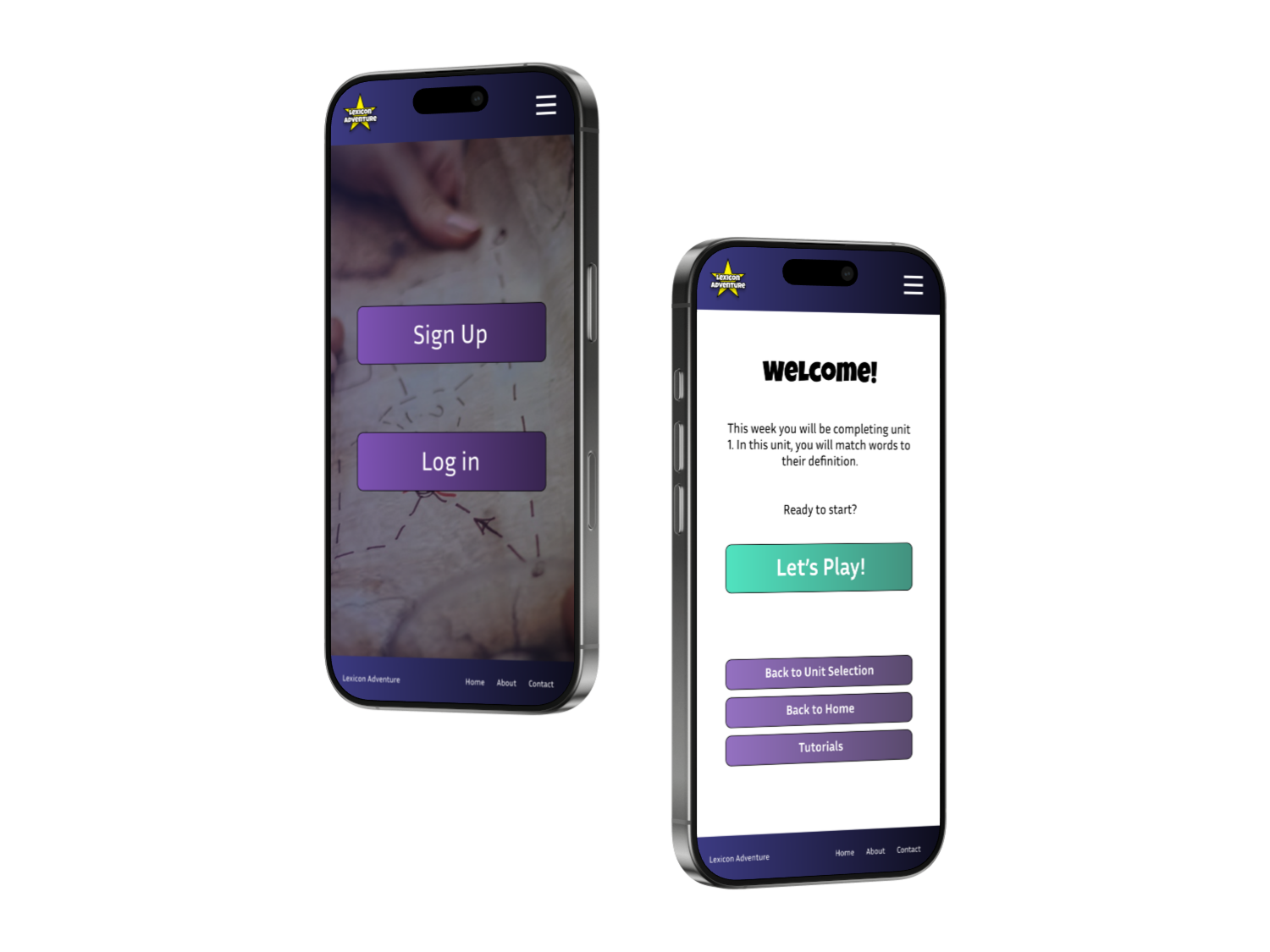 Mobile Device Mockups Showcasing the Sign Up/Login Page and Welcome to Game Screens