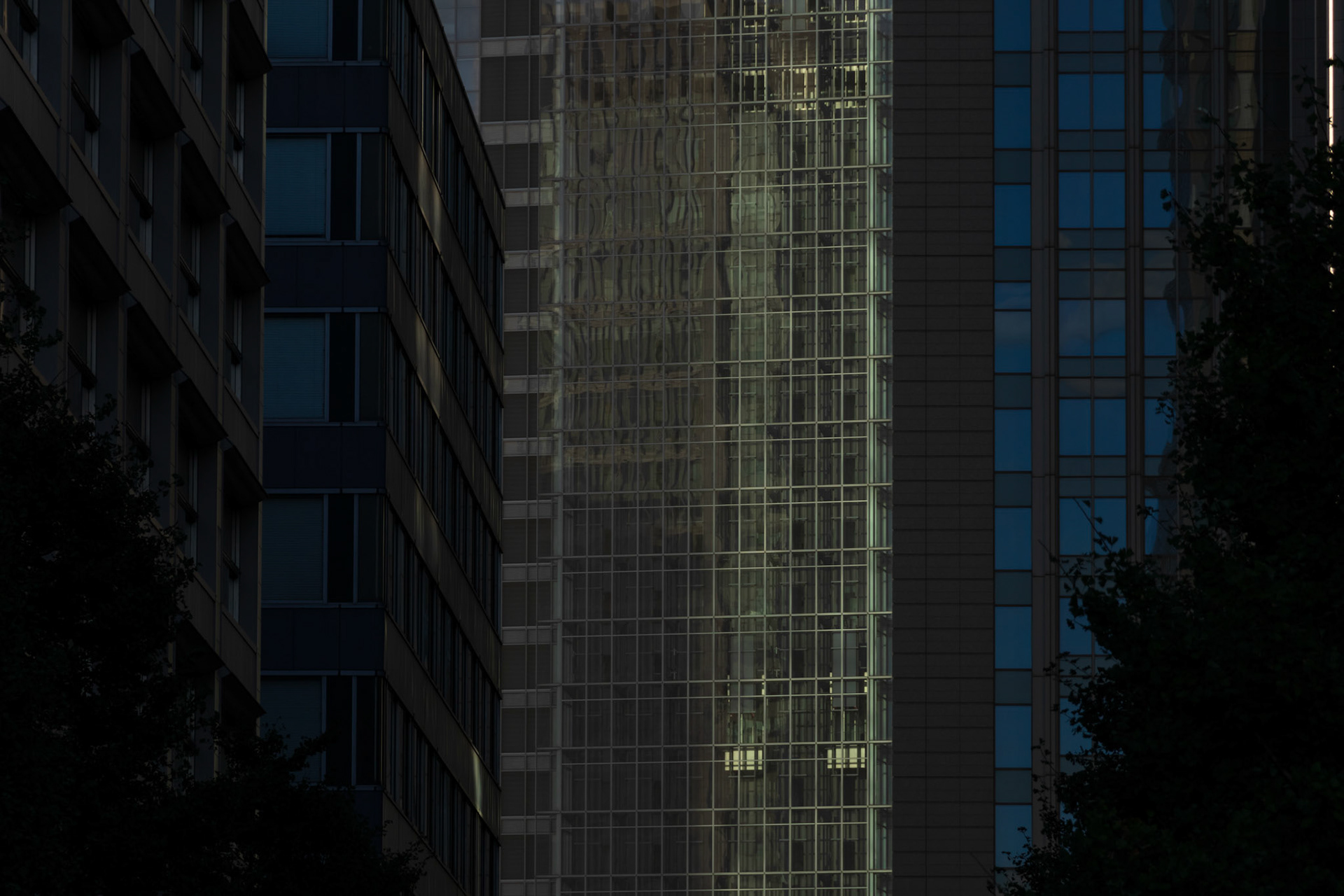 Sunlight illuminating glass walls on a high-rise building in the morning. This image was taken in August 2018, Marunouchi, Chiyoda Ward, Tokyo, Japan.