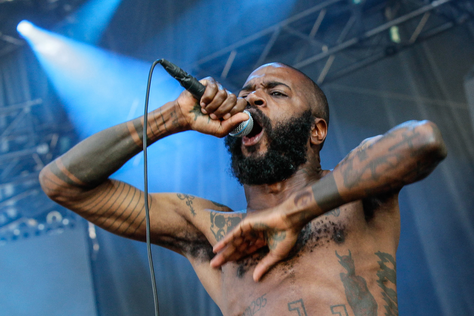 Death Grips is seen here performing at the RBC Bluesfest in Ottawa on Saturday, July 13, 2013. The RBC Bluesfest is ranked as one of the most successful music events in North America. ~ RBC Bluesfest Press Images PHOTO/Mark Horton