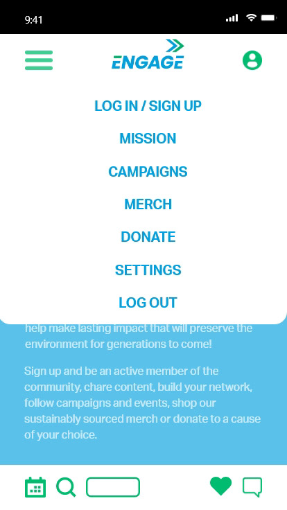 Engage mobile UI navigation menu