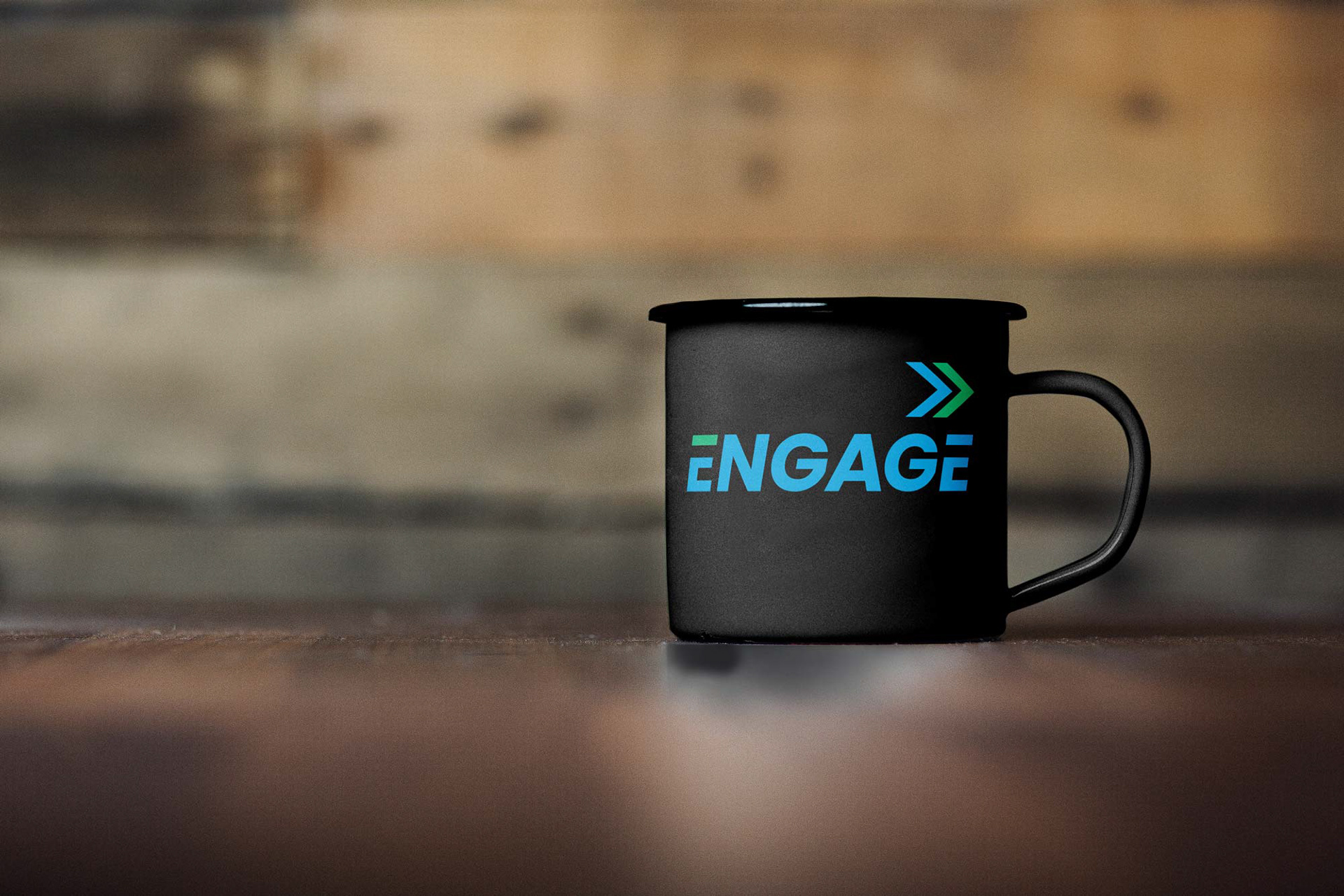 Engage logo on a black mug