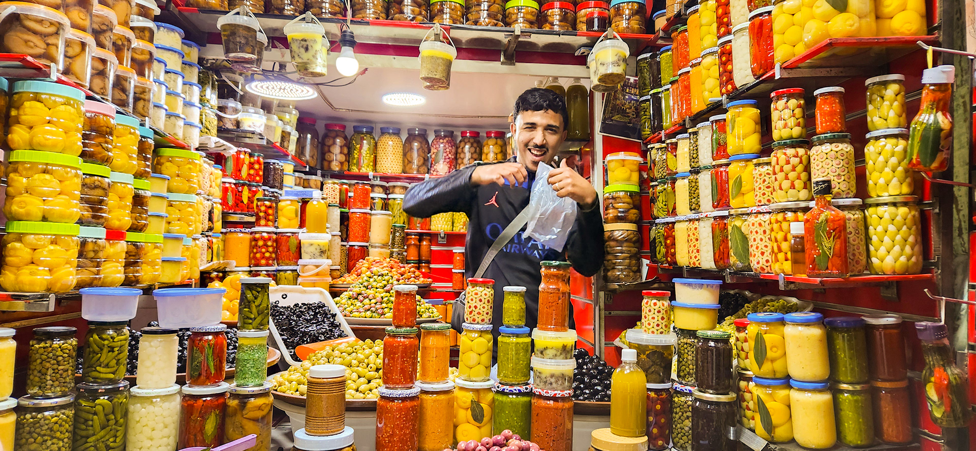 Preserved foods shop in the Souks of Marrakech Morocco
