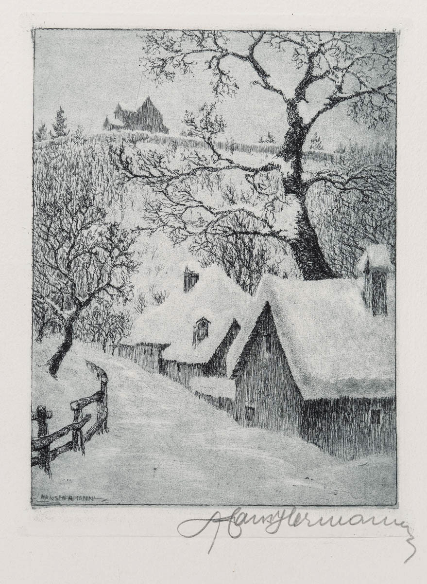 Iarna în Cisnădioara (1929) Acvaforte 14.05x20 cm