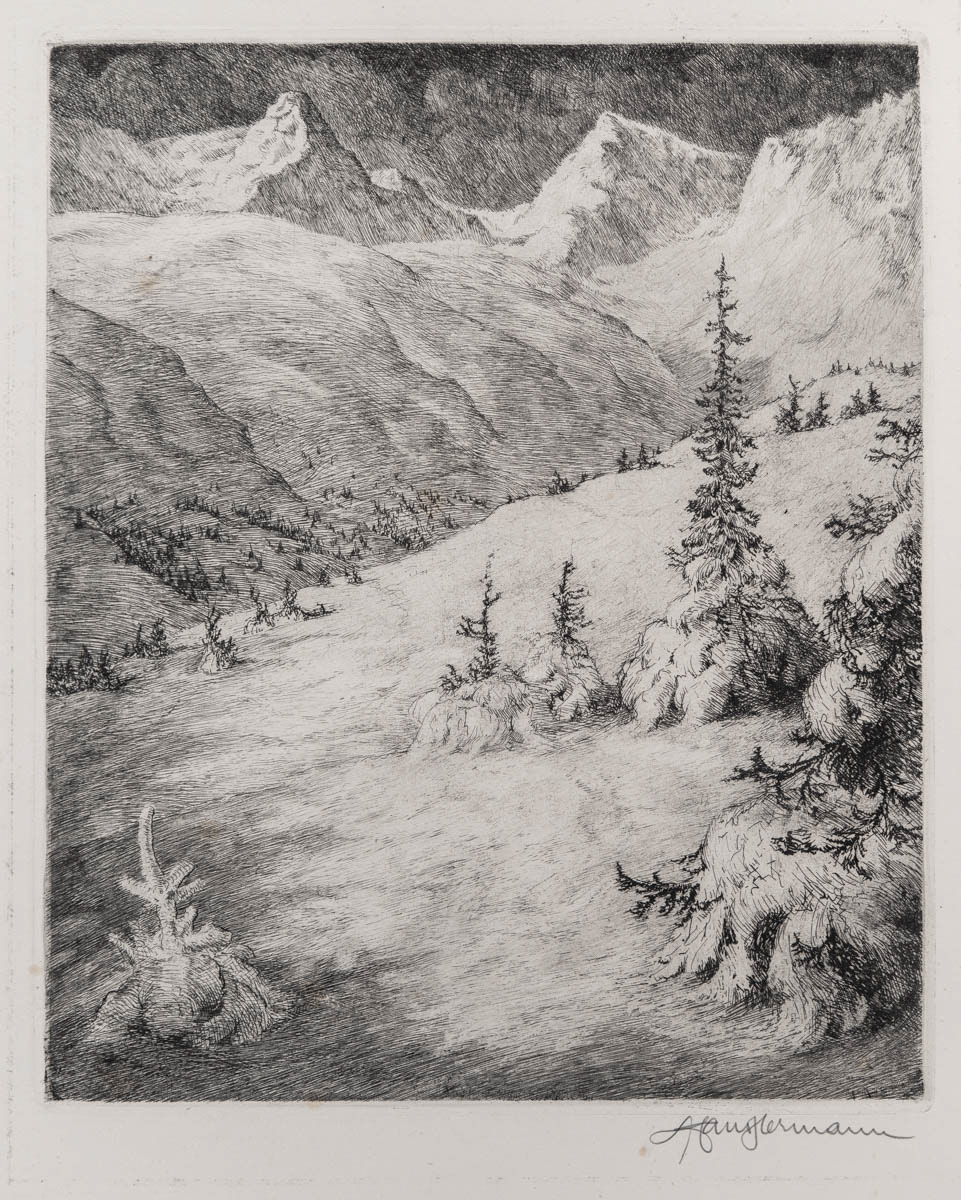 Iarnă în Valea Sîmbetei (1933) Acvaforte 31x37.05 cm