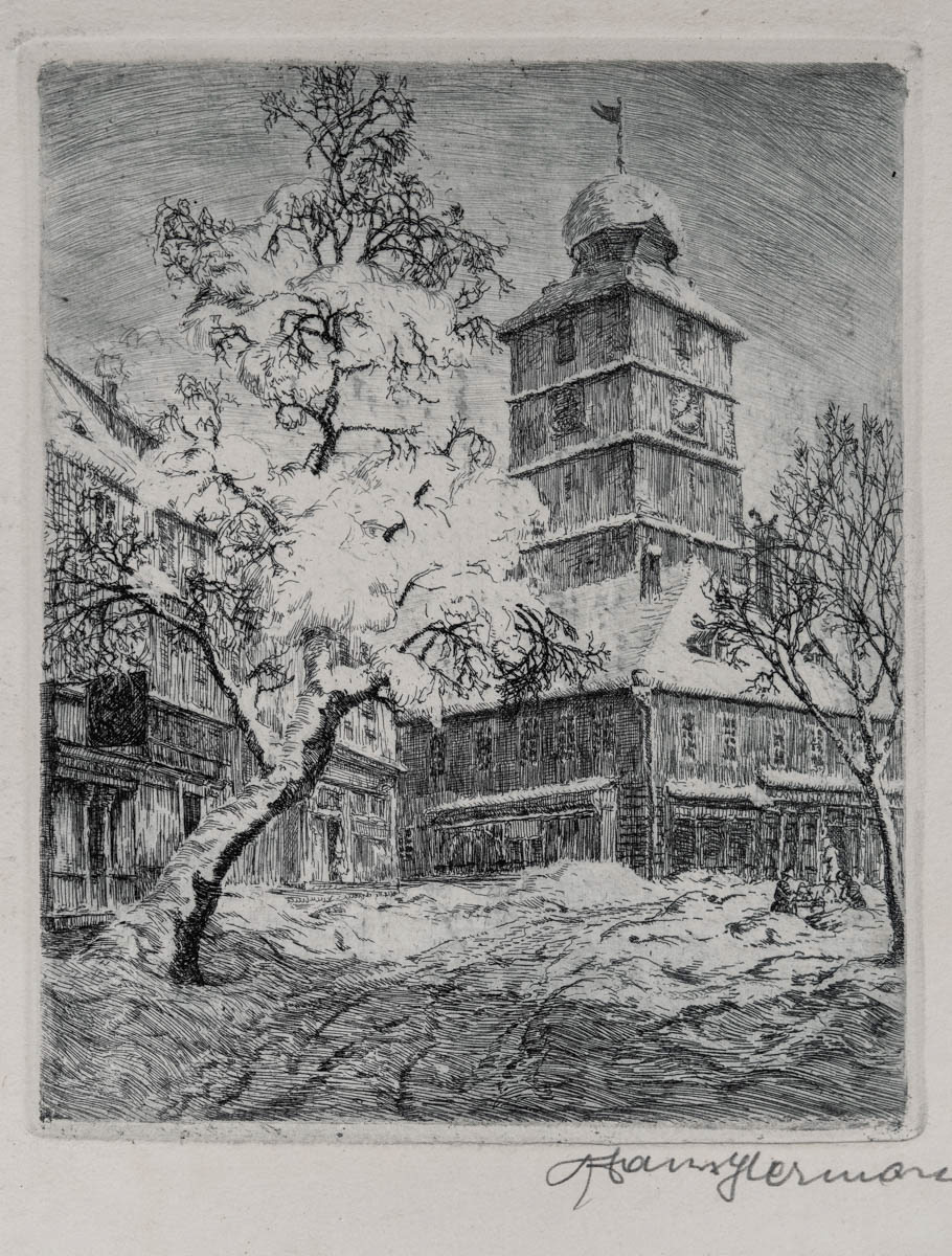 Zăpadă în Piața Mică (1927) Acvaforte 12x15 cm