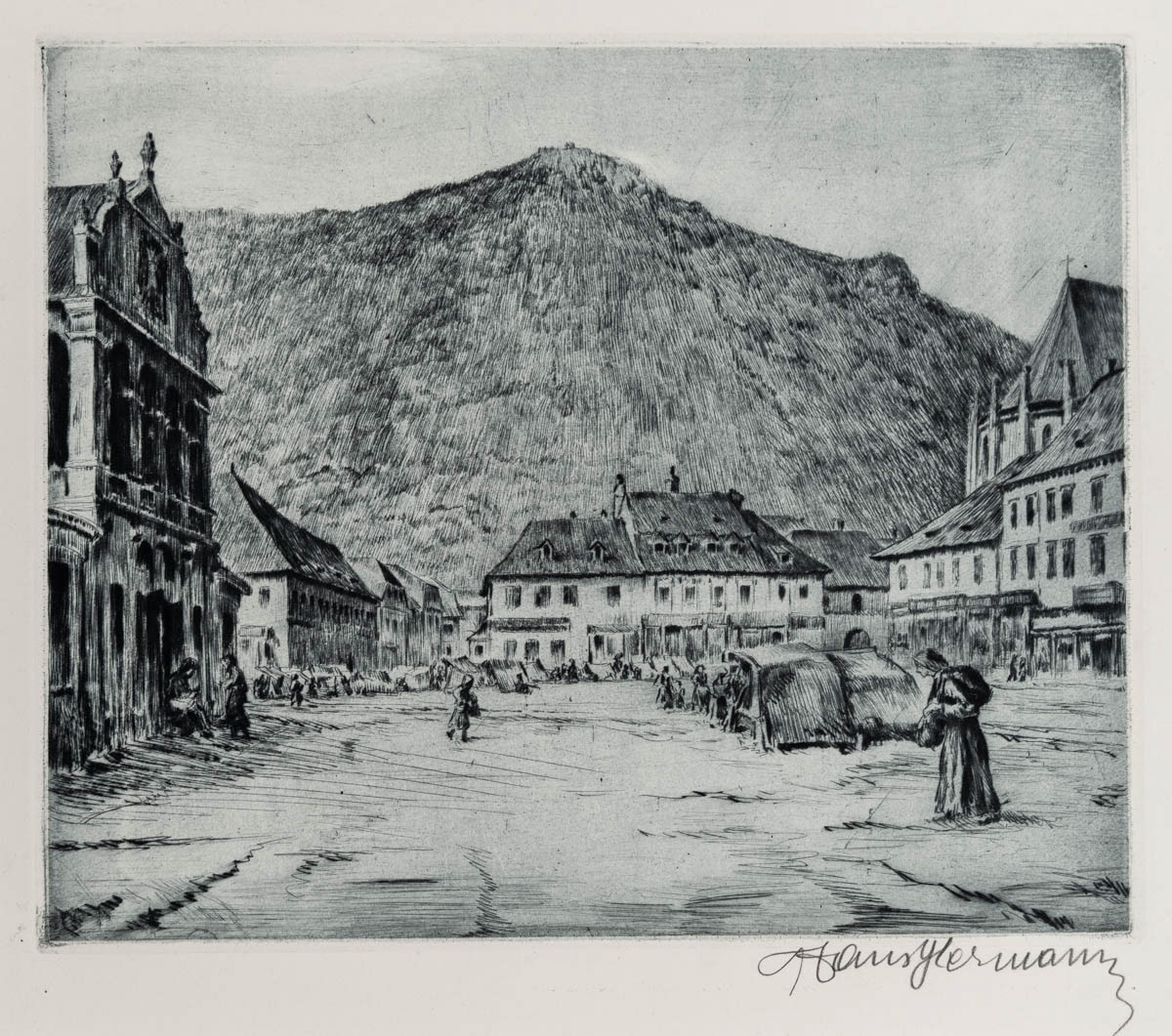 Piața Brașovului (1940) Gravură cu acul 26x21.06 cm