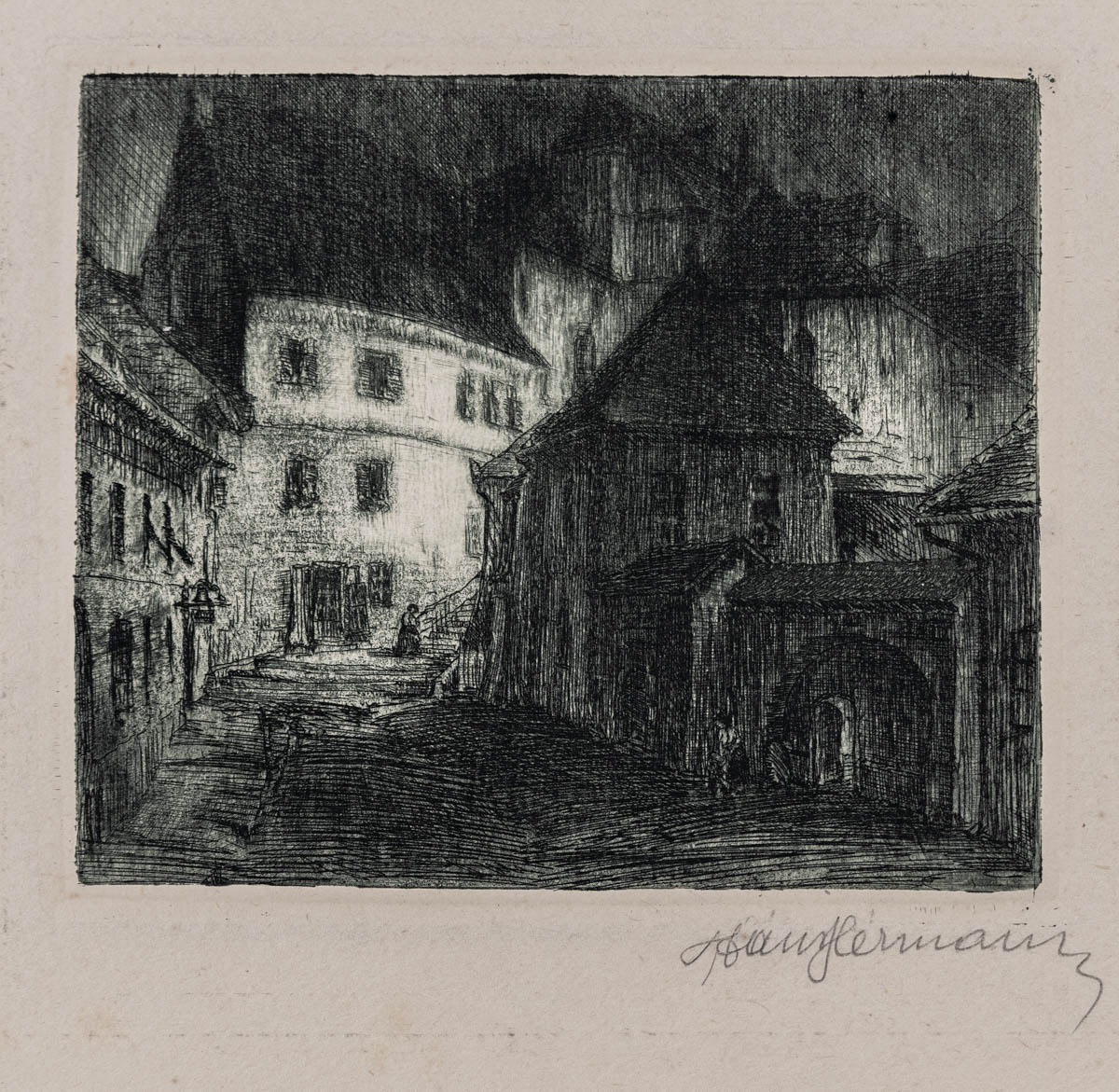 Sibiu, Piața Frigerling (1923) Gravura cu dăltița 14.05x12 cm