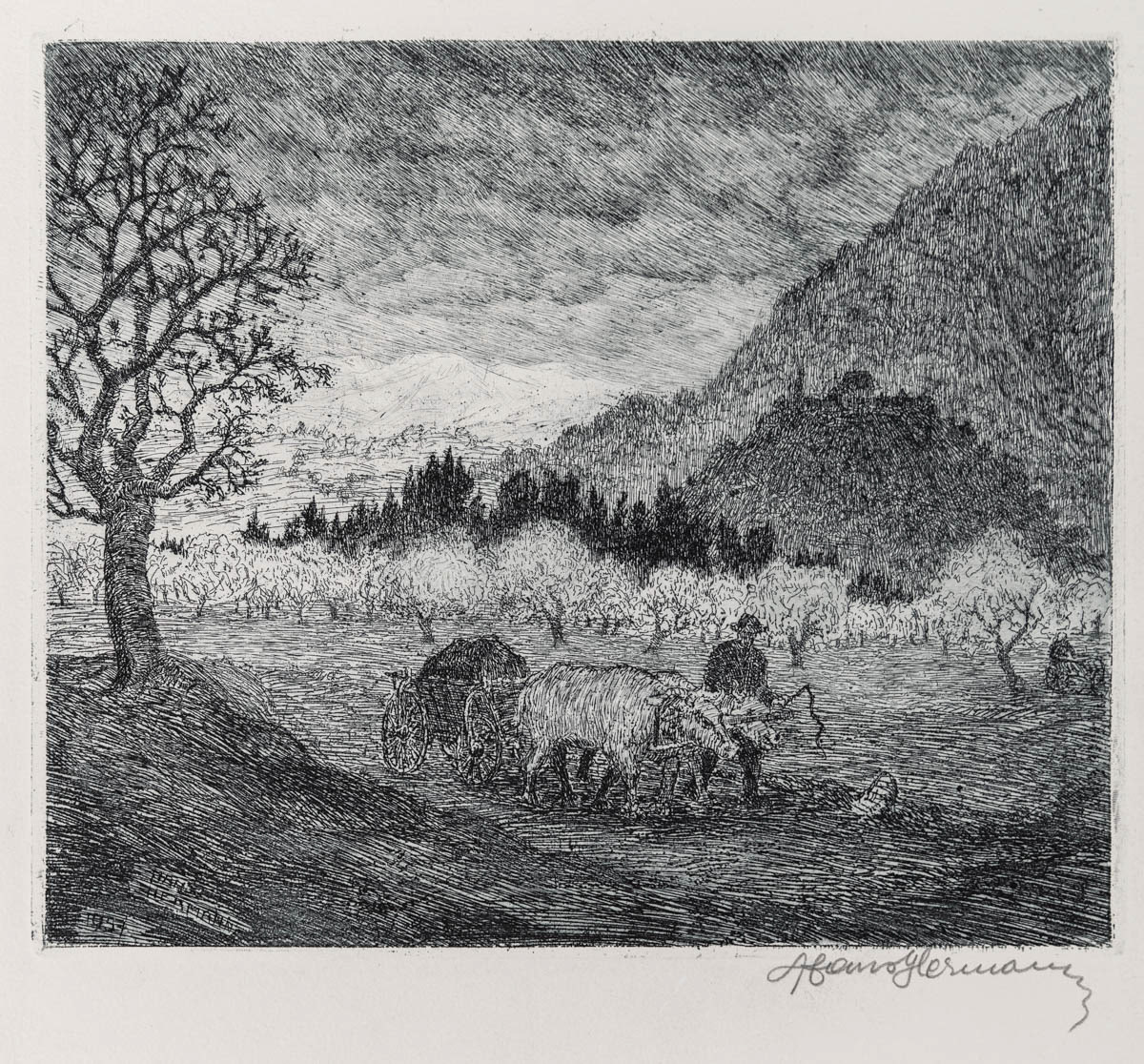 În zori de zi la Cisnadioara (1957) Acvaforte 30x20.05 cm
