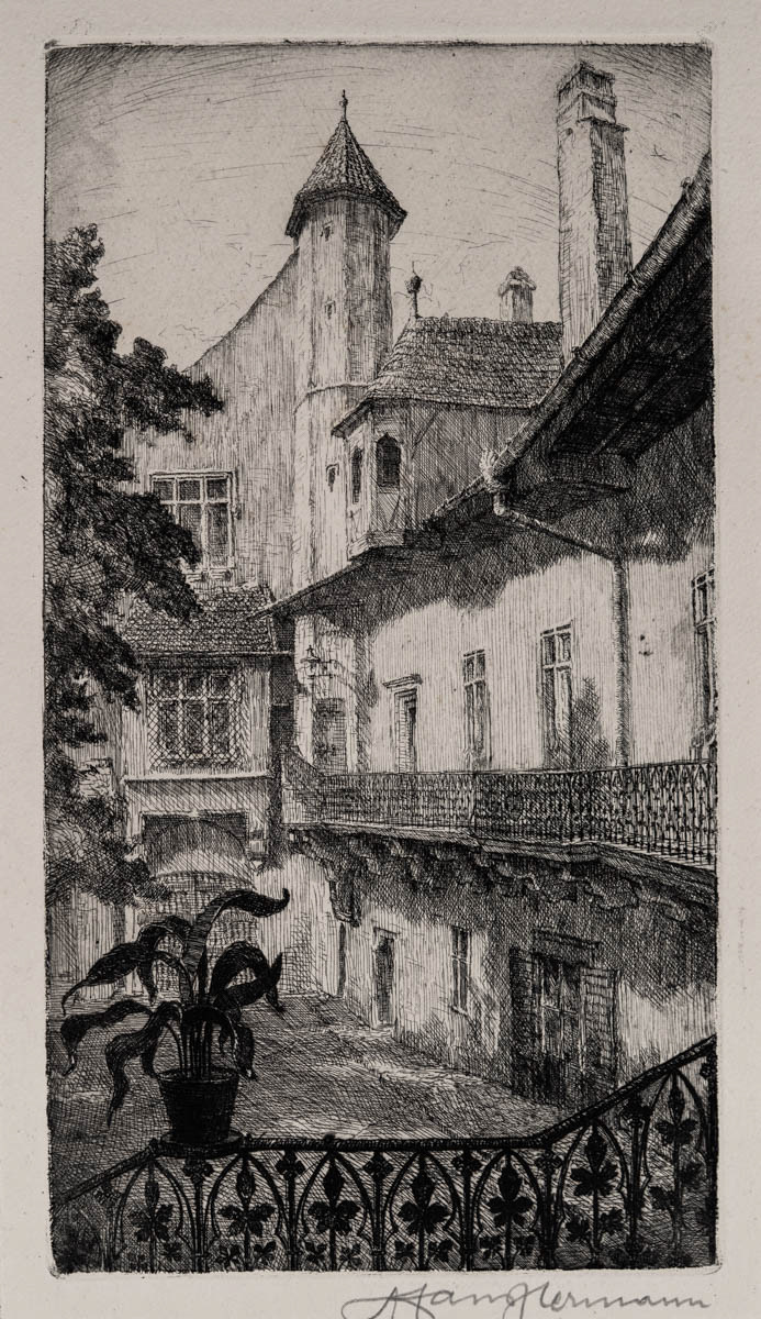 Sibiu, Curtea Primăriei Vechi (1926) Acvaforte 14.05x26 cm