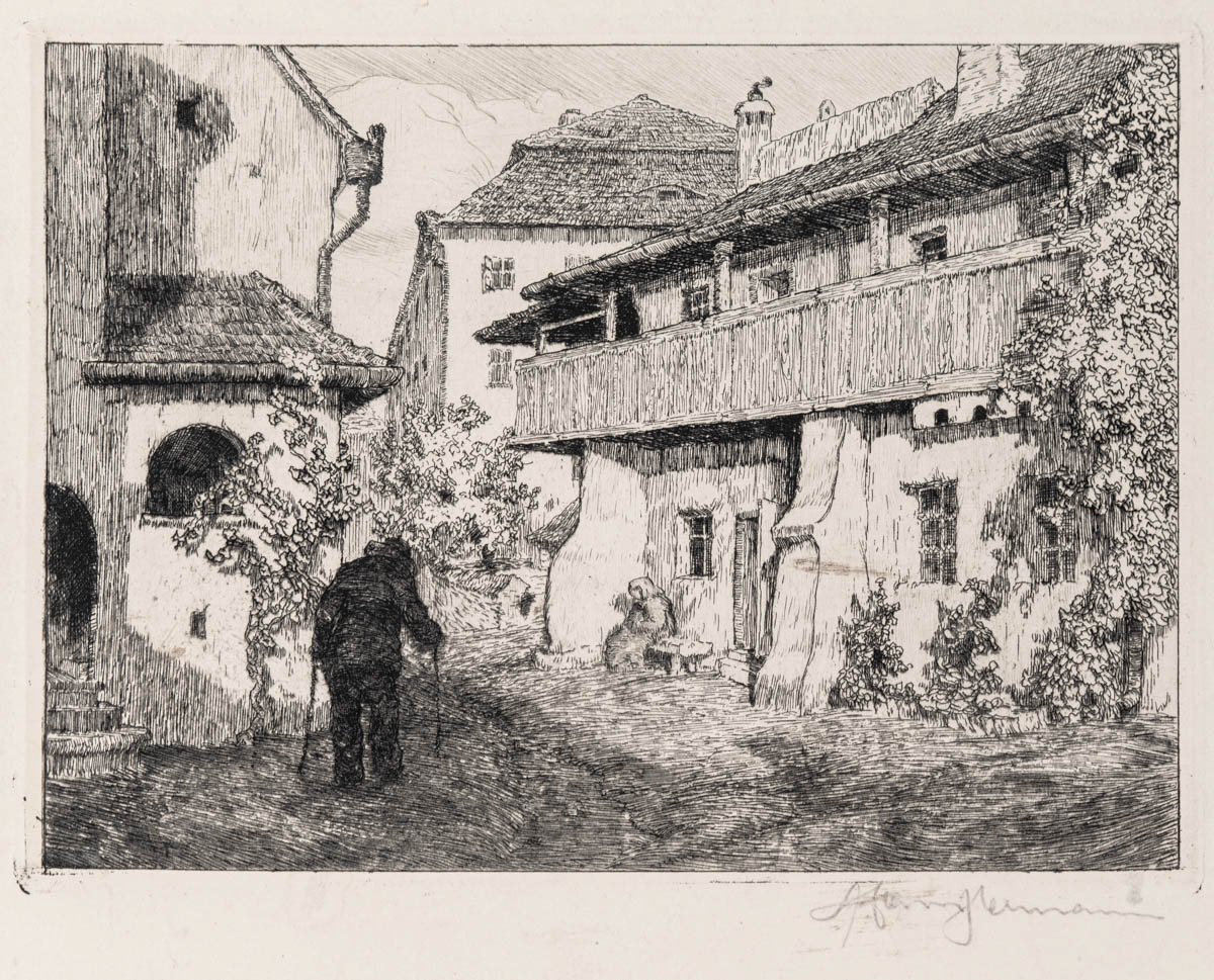 Curtea azilului din Sibiu (1921) Acvaforte 19.05x14 cm