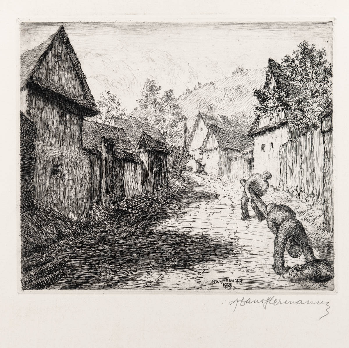 Rășinari. Instalarea curentului electric (1958) Acvaforte 24.03x21 cm