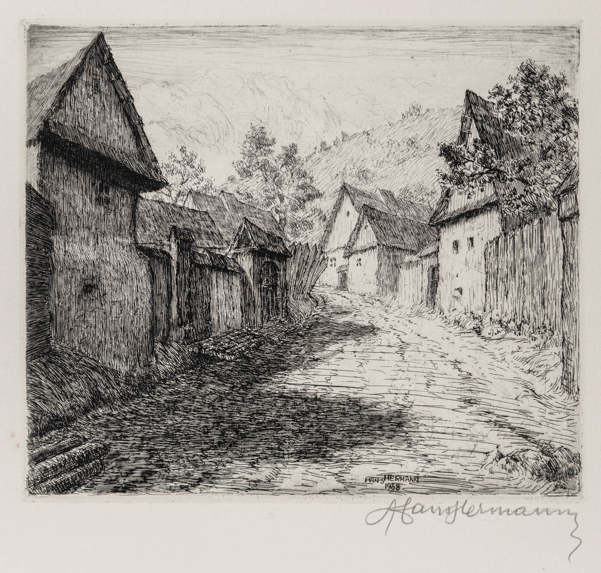 Stradă din Rășinari (1958) Acvaforte 24.03x20.05 cm