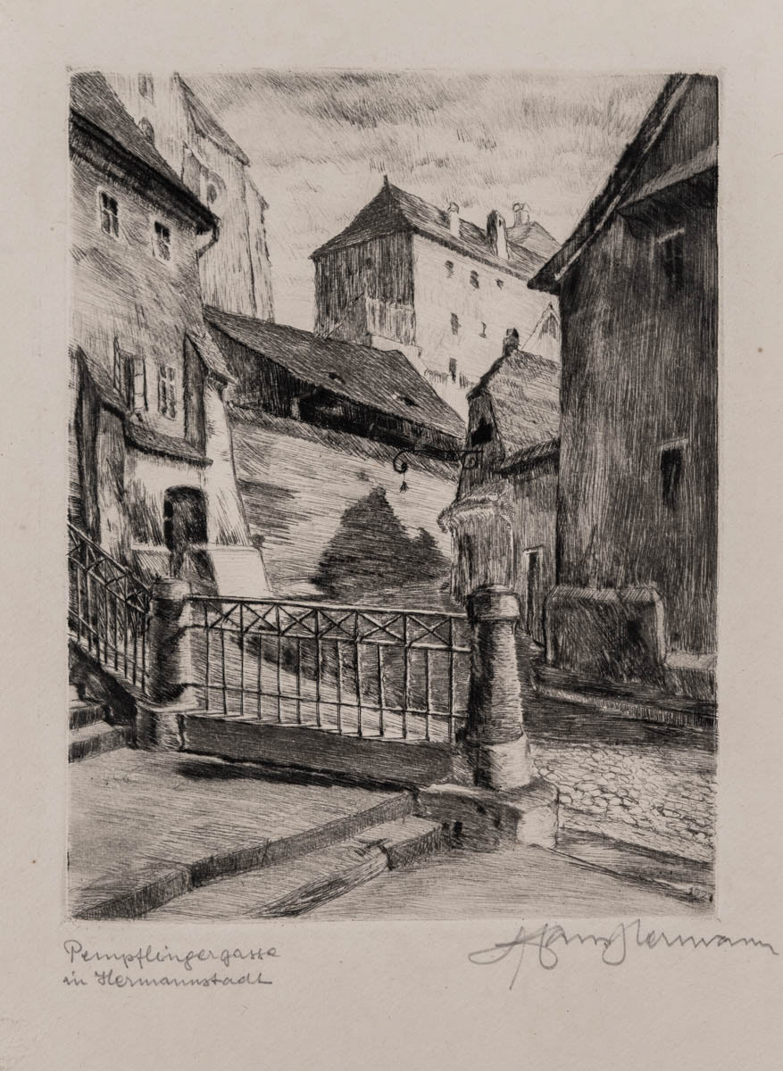 Sibiu, Strada Pempflinger (1927) Gravură cu acul 16.05x21.05 cm