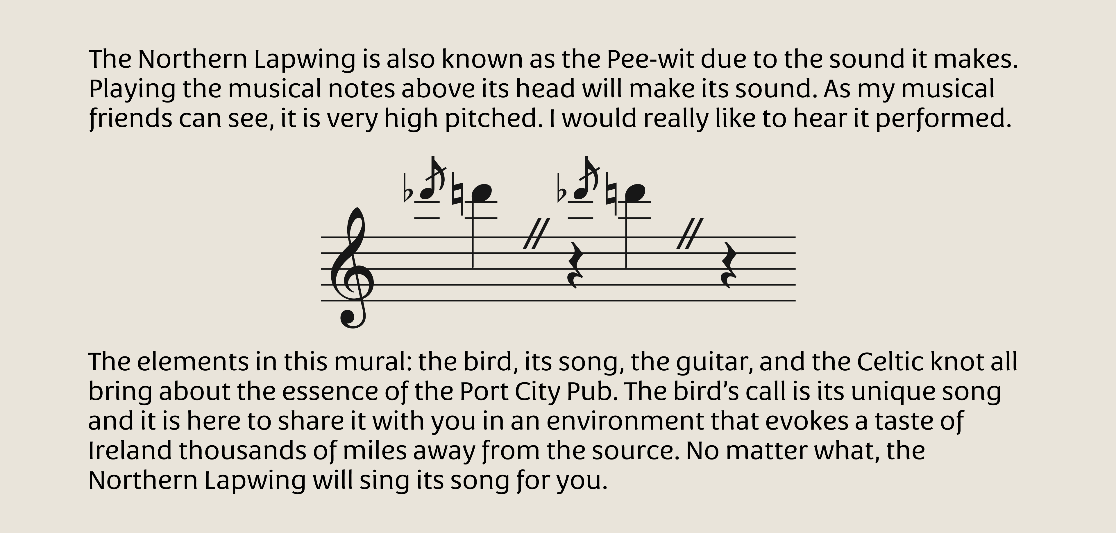 The Northern Lapwing is also known as the Pee-wit due to the sound it makes. Playing the musical notes above its head will make its sound. As my musical friends can see, it is very high pitched. I would really like to hear it performed.  [MUSICAL NOTES] The elements in this mural: the bird, its song, the guitar, and the Celtic knot all bring about the essence of the Port City Pub. The bird’s call is its unique song and it is here to share it with you in an environment that evokes a taste of Ireland thousands of miles away from the source. No matter what, the Northern Lapwing will sing its song for you.