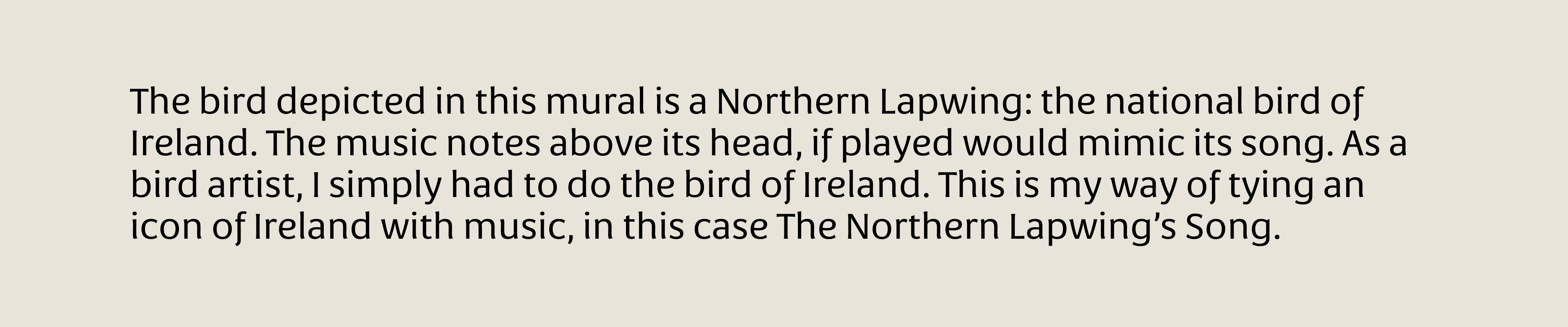 The bird depicted in this mural is a Northern Lapwing: the national bird of Ireland. The music notes above its head, if played would mimic its song. As a bird artist, I simply had to do the bird of Ireland. This is my way of tying an icon of Ireland with music, in this case The Northern Lapwing’s Song.