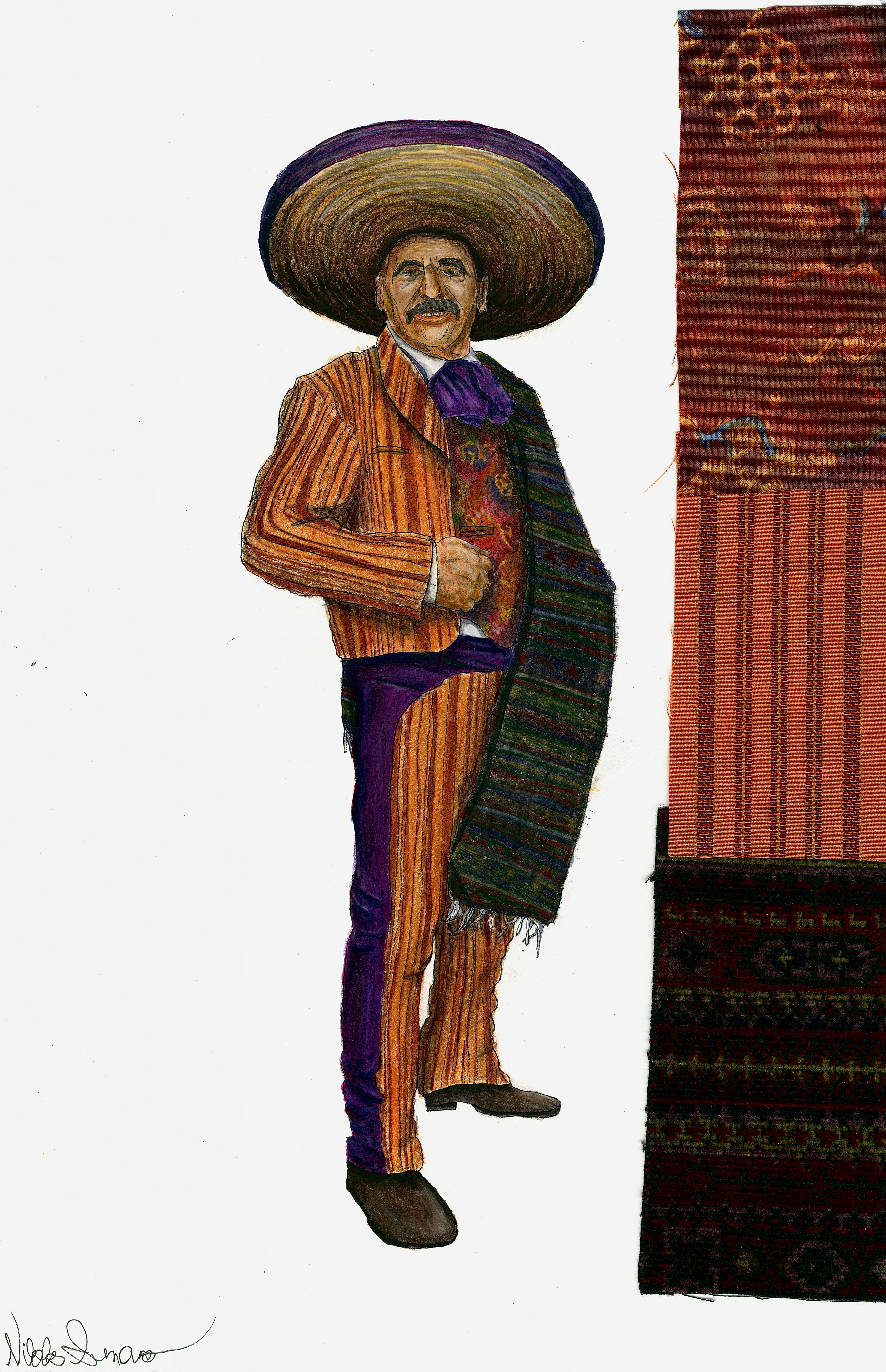 Costume Design Rendering Done with Marker, Color Pencil, and Watercolor Paint